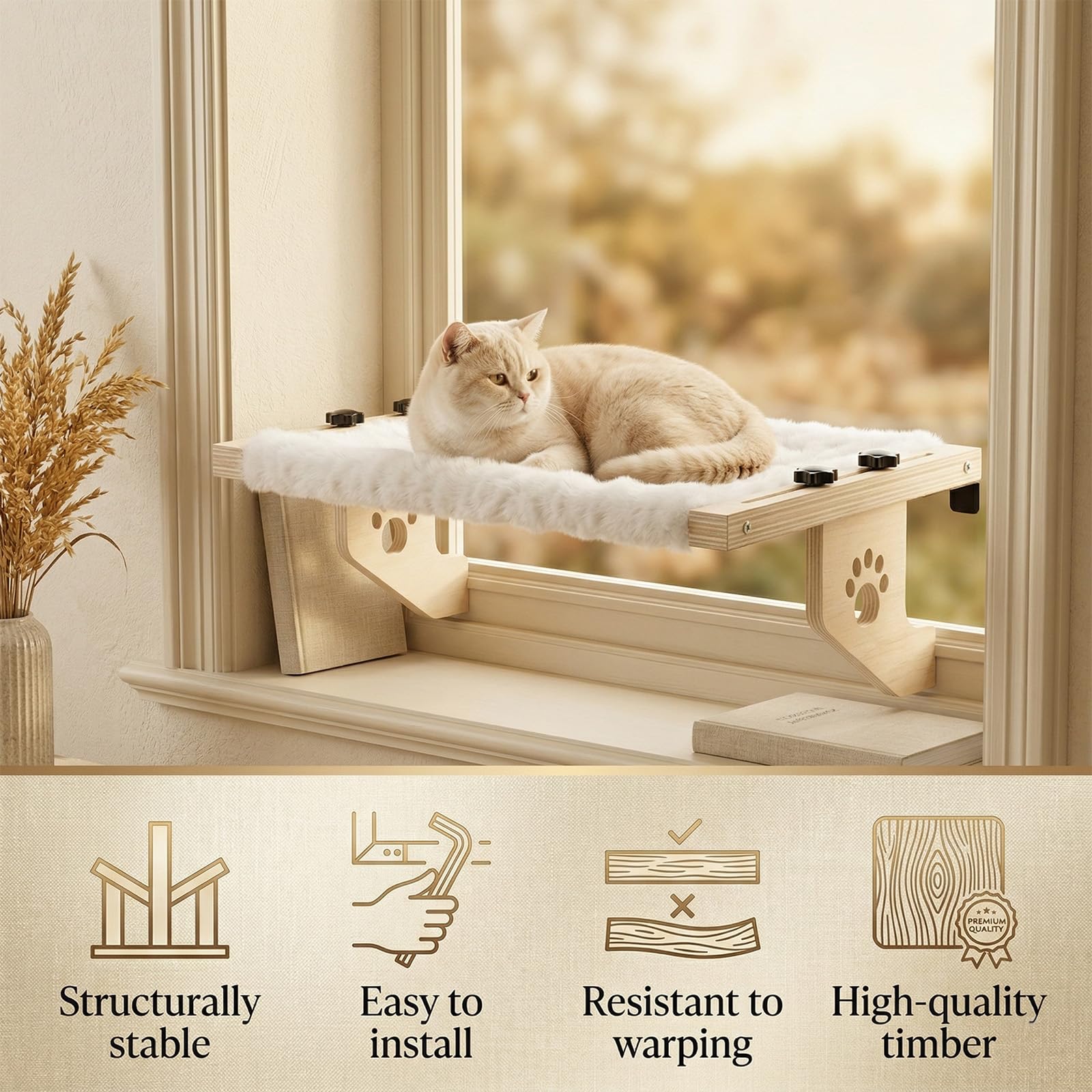 Amaca per Gatti - Amaca Gatto Finestra in legno con Cuscino in Peluche Lavabile, Lettino Sospeso per Gatti Senza Forare per Finestra, Termosifone e Balcone