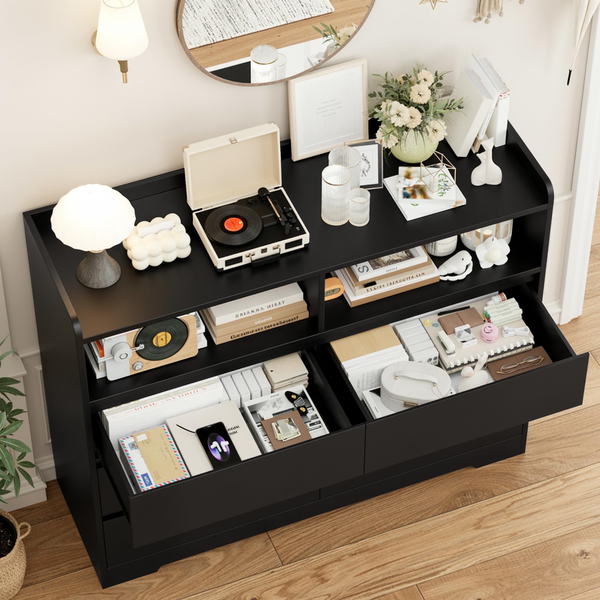 FOREHILL Cassettiera Camera da letto, Cassettiera con 6 Cassetti, Comò con 2 Scomparti Aperti Moderno, per Camera da Letto, Corridoio, Soggiorno, Ufficio, 120x40x100cm (Nero)