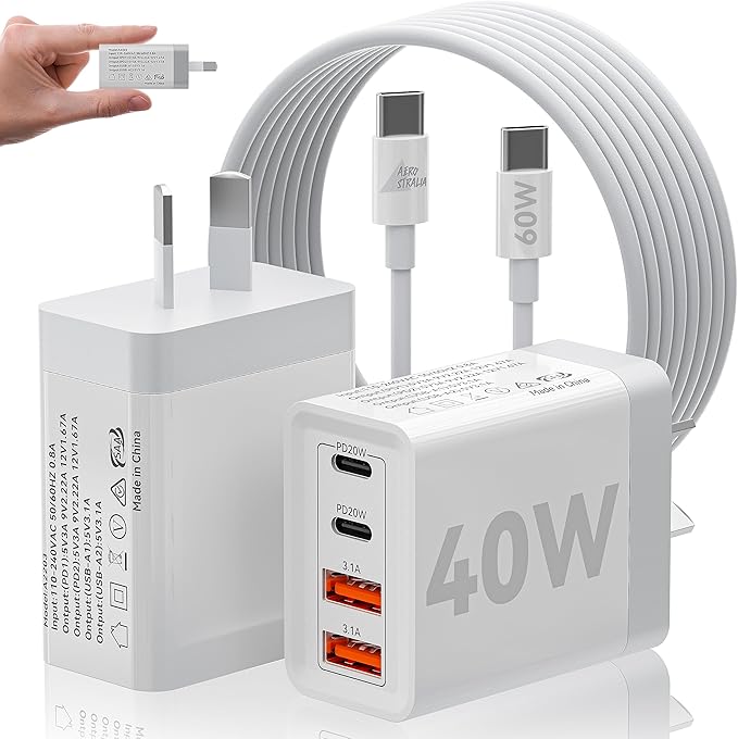 USB C Fast Charger, 40W Dual USBC Wall Charger, 4Port 20W USB C Power