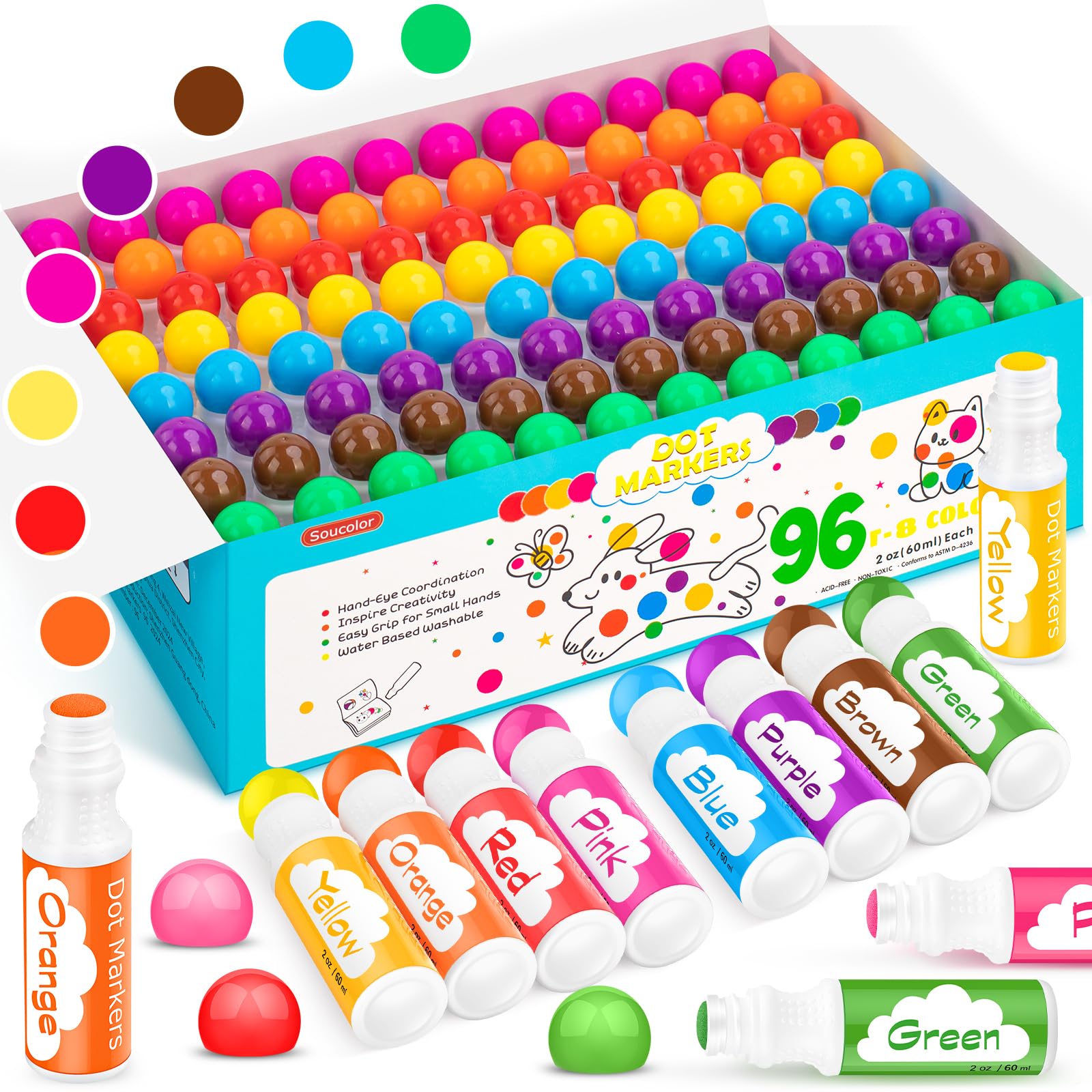 Soucolor Confezione da 96 pennarelli lavabili per bambini e bambini, 8 colori vivaci, atossici per bingo, arti e mestieri prescolari, forniture per aule scolastiche, pennarelli per un divertimento