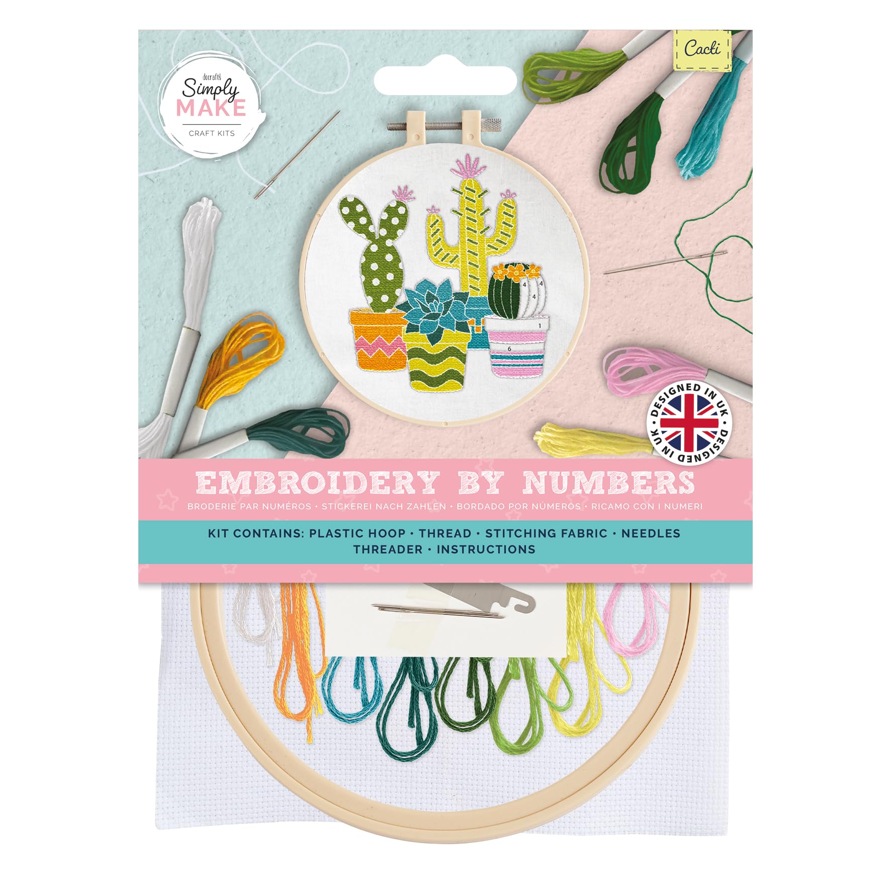 Simply Make Embroidery By Numbers Kit, Cacti, Multicoloured, Single Craft Kit, Stitch and Sewing Kit that Includes Embroidery Threads, Craft Kits for Adults UK, Embroidery Kit with Embroidery Hoop