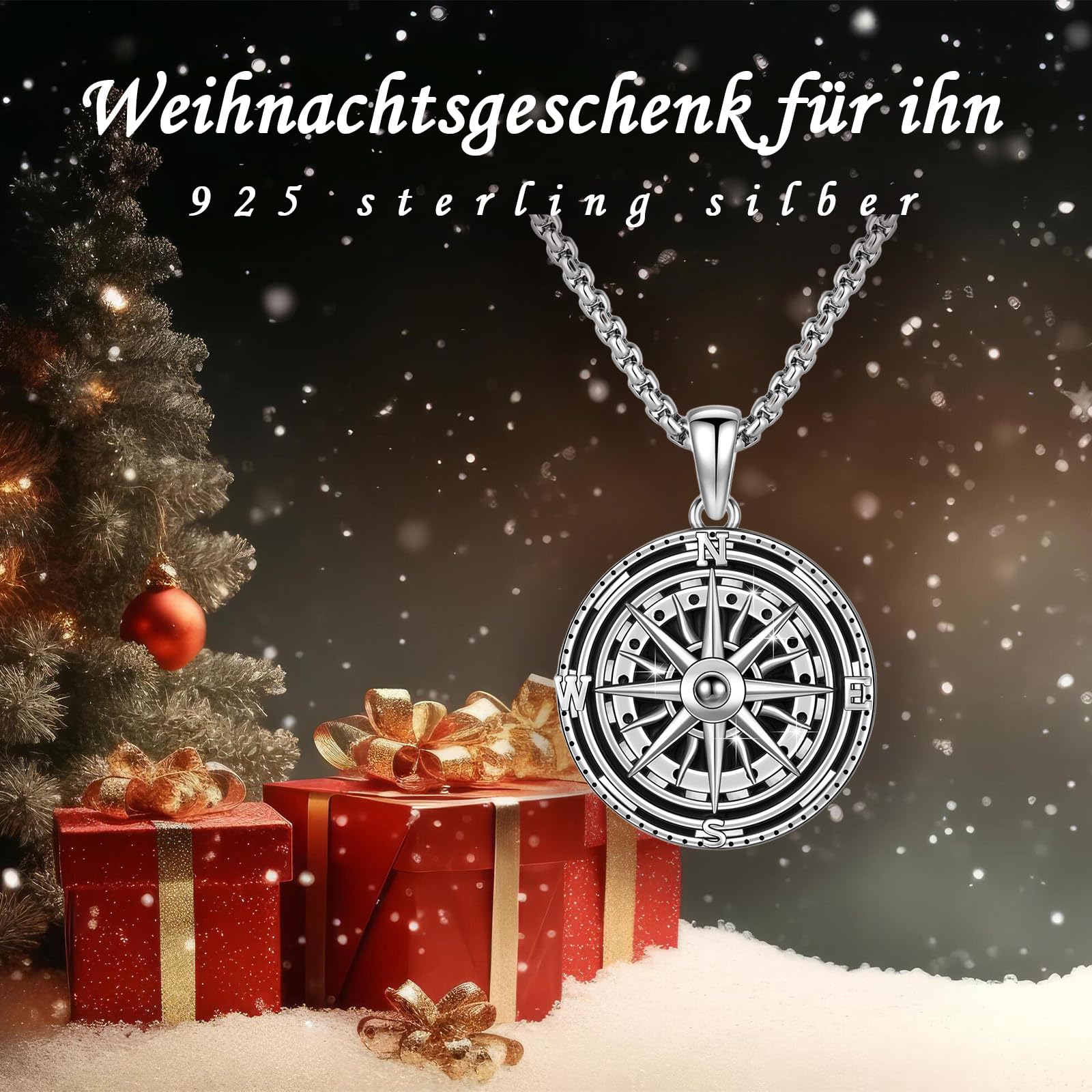 Kompass Halskette 925 Sterling Silber für Damen und Herren