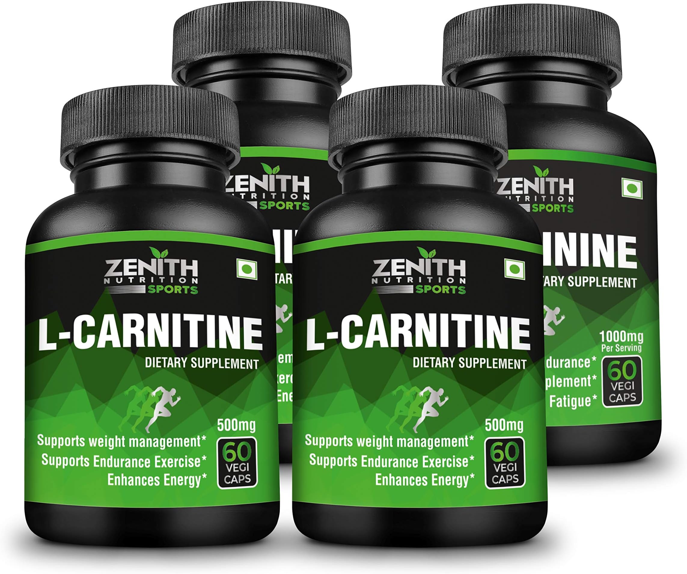 Zenith Sports L-Carnitine 500mg, 240 Capsules (60 capsules X 4 Bottles) | Dope Free | Fat Burner | Boosts Energy