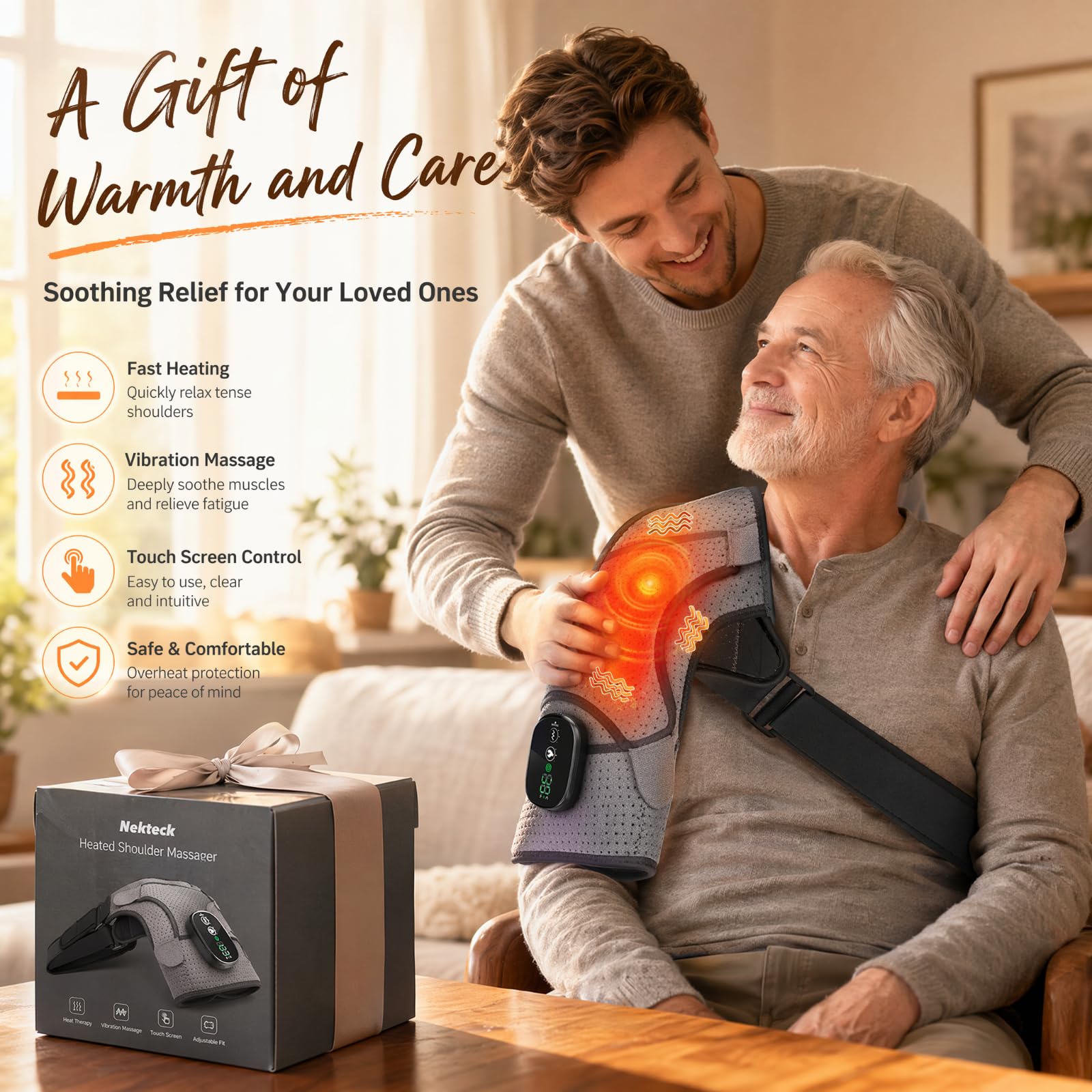 Schultermassagegerät Triple, Nacken Schulter Massagegerät Gerät mit Vibration & Wärme, 5000mAh Schulterbandage Schultergurt Muttertagsgeschenk Vatertagsgeschenk für Zuhause Büro