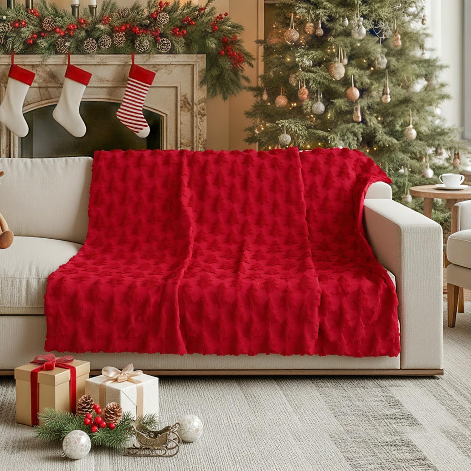 Horaldaily Christmas Blanket Throw, Red Christmas Tree Soft Fuzzy Plush Faux Fur Cozy Blankets for Couch Sofa Bed Lounging, Ideal Gifts for Kids Adults Wife Self, 50x60 Red Throw(50x60'')