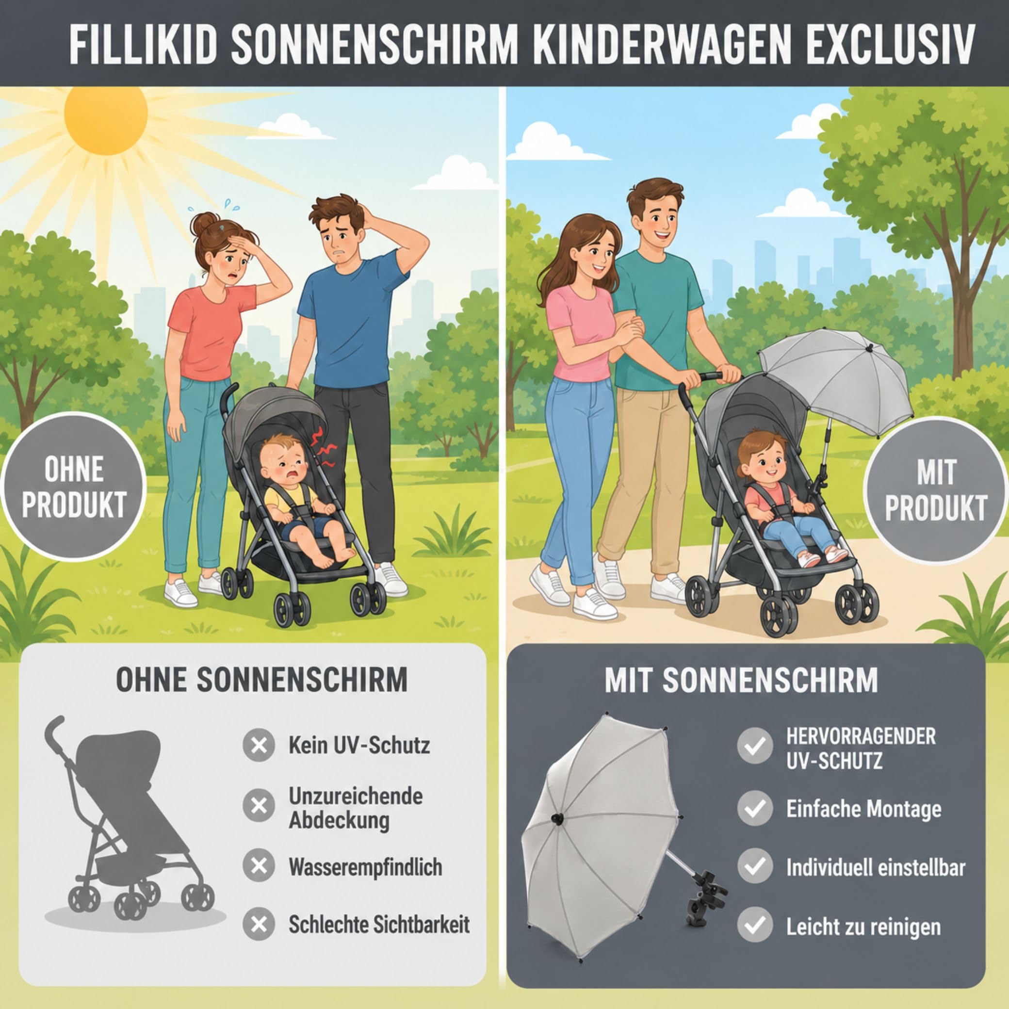 Fillikid Sonnenschirm Kinderwagen Exclusiv | UV-Schutz 50+ | Sonnenschutz Kinderwagen | Universalhalterung für Rund- und Ovalrohre, einstellbar | Leicht zu Reinigen | Kinderwagen Sonnenschirm