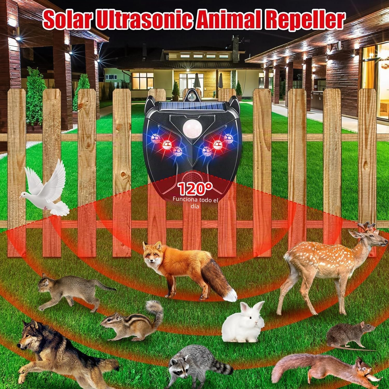 4X La energía Solar expulsa Animales nocturnos, Gatos, Perros, Ardillas, mapaches, Gusanos, Conejos, Zorros, Ciervos, pájaros. Detección de Deportes para repelentes Animales