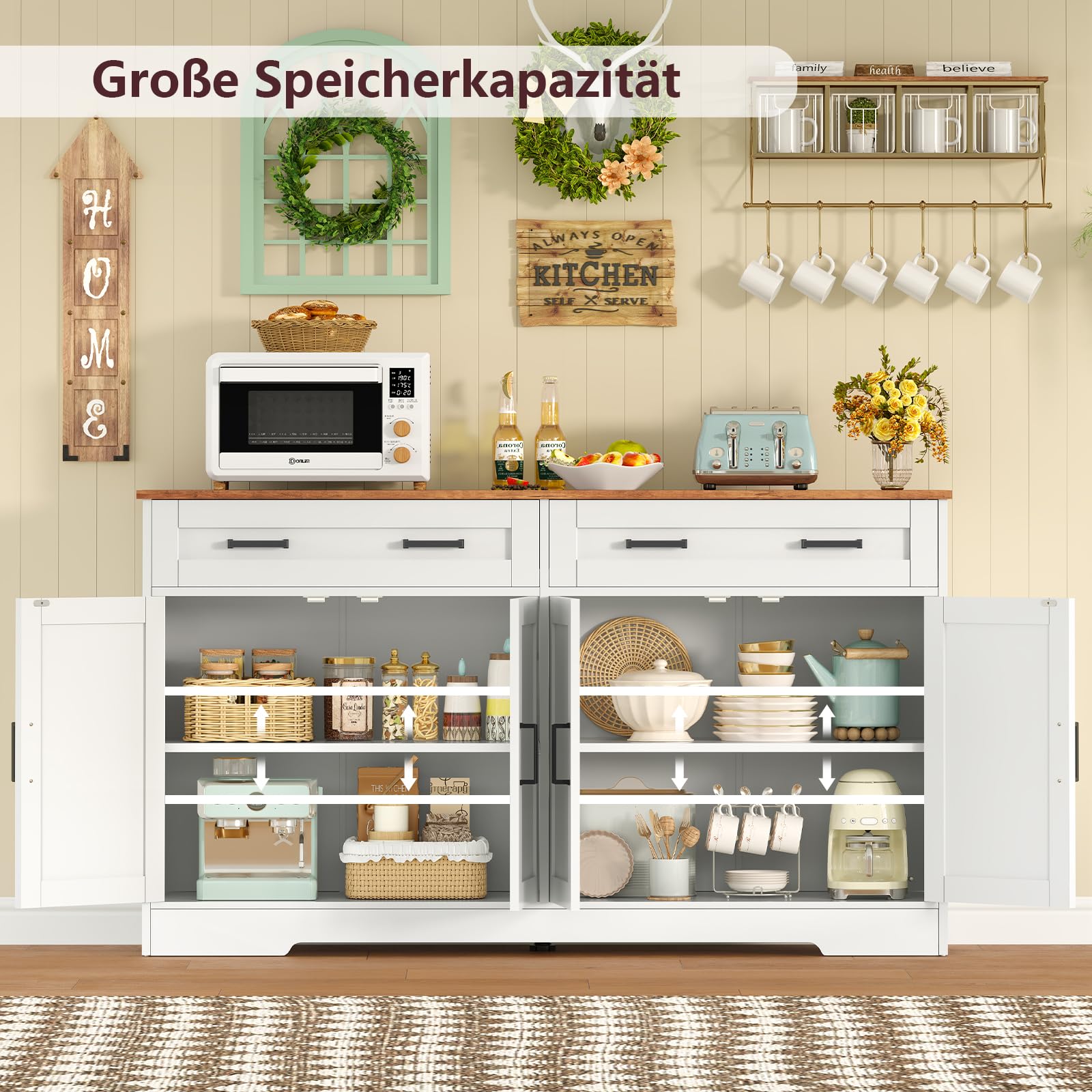TEENFON 140 cm (B) Sideboard, 80 cm (H) Küchenschrank mit Arbeitsplatte, Buffetschrank mit 2 Schubladen & Verstellbaren Regalen, Küchenzeile für Küche, Wohnzimmer & Flur - 140 x 36,8 x 80 cm - Weiß