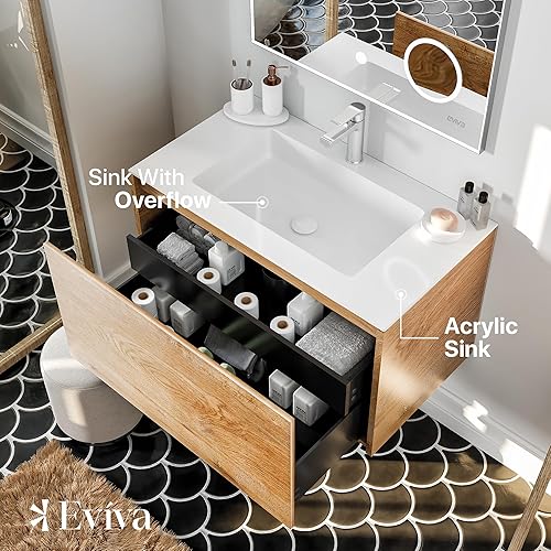 Miniatura 5 de Eviva Tocadores de baño modernos montados en la pared, tocador de baño de roble de ingeniería de 36 pulgadas con fregadero, gabinete de lavabo de