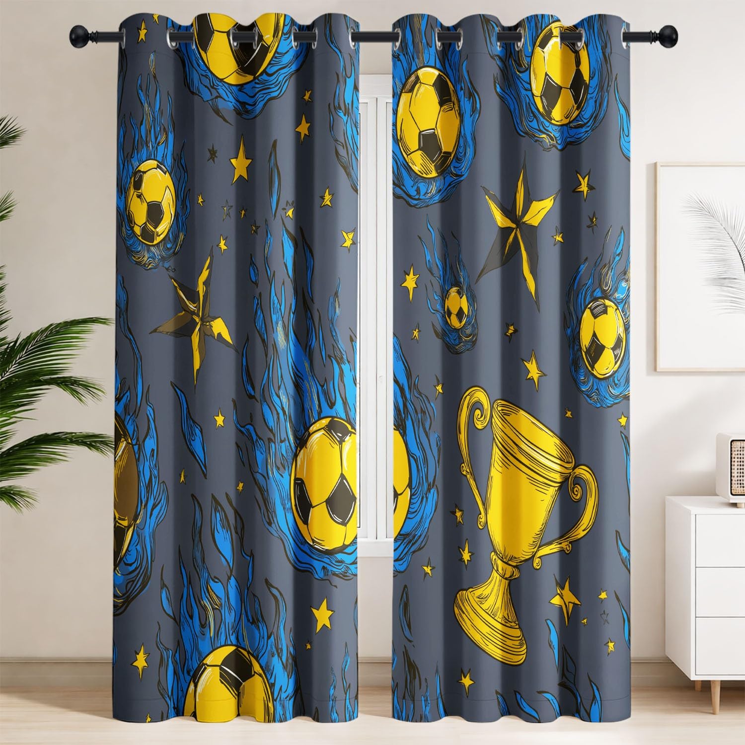 Generisch Dynamisch, Modisch Gardinen 225 x 140 cm | 2er Set Vorhänge Blickdicht - Flammen, Fußball, Goldener Pokal, Sterne - Ösenvorhang für Jungen und Mädchen