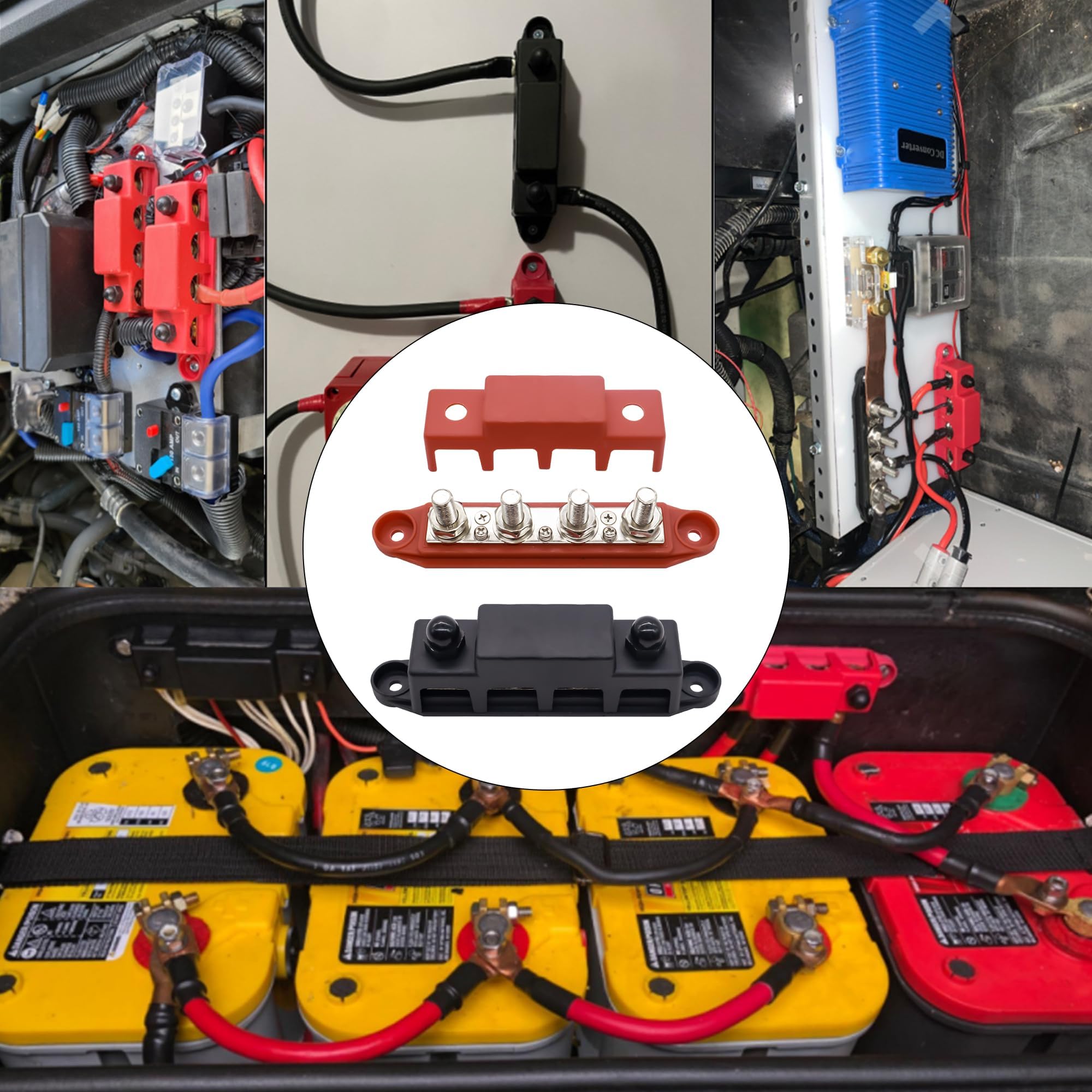 Sammelschienen Verteilerblock 250A BusBar Box mit 4 x M10 Klemmenbolzen Hochleistungsmodul 12V-48V Stromverteilungsblock Erdungsstrom DC 3/8" für Auto RV Boat Yacht (Rot Schwarz, 2PCS)