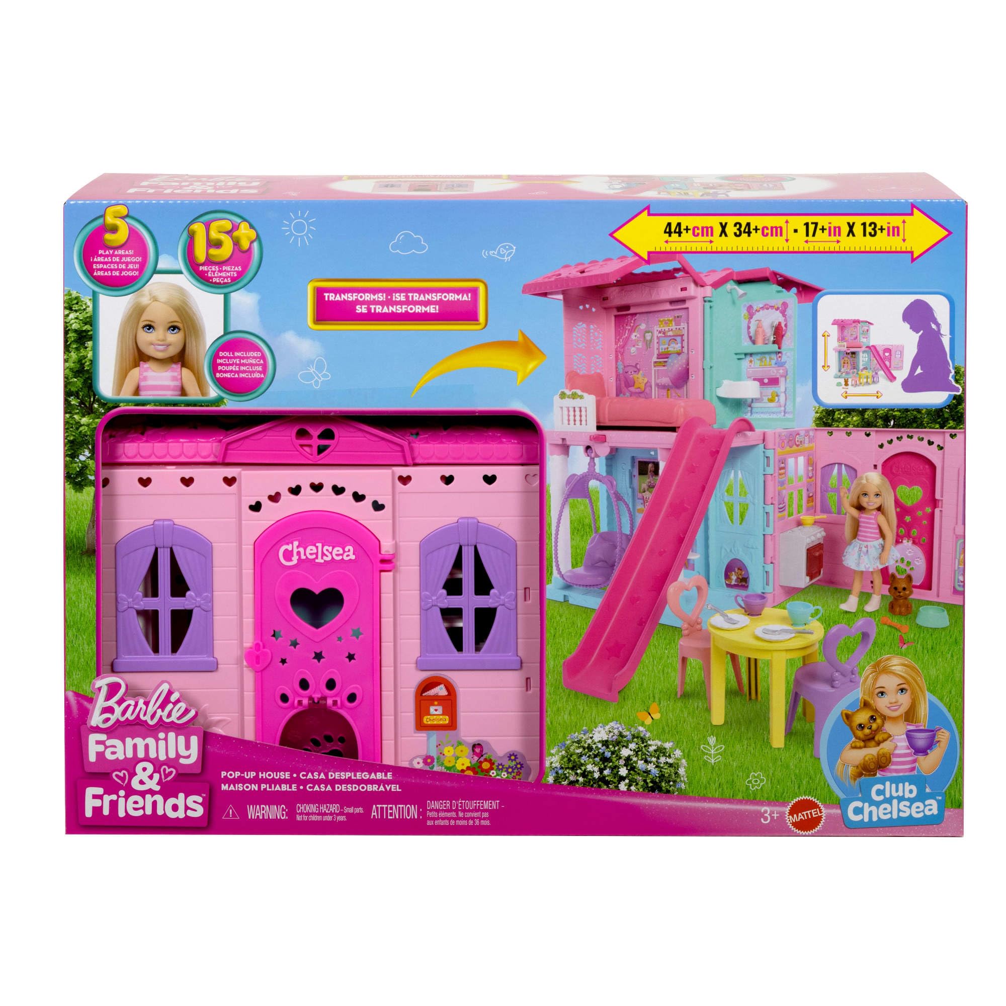 Barbie - Chelsea Casa a Scomparsa, set con 5 aree di gioco e scivolo, mini bambola Chelsea, cagnolino e 15 accessori a tema inclusi, giocattolo per bambini, 3+ anni, JFW49