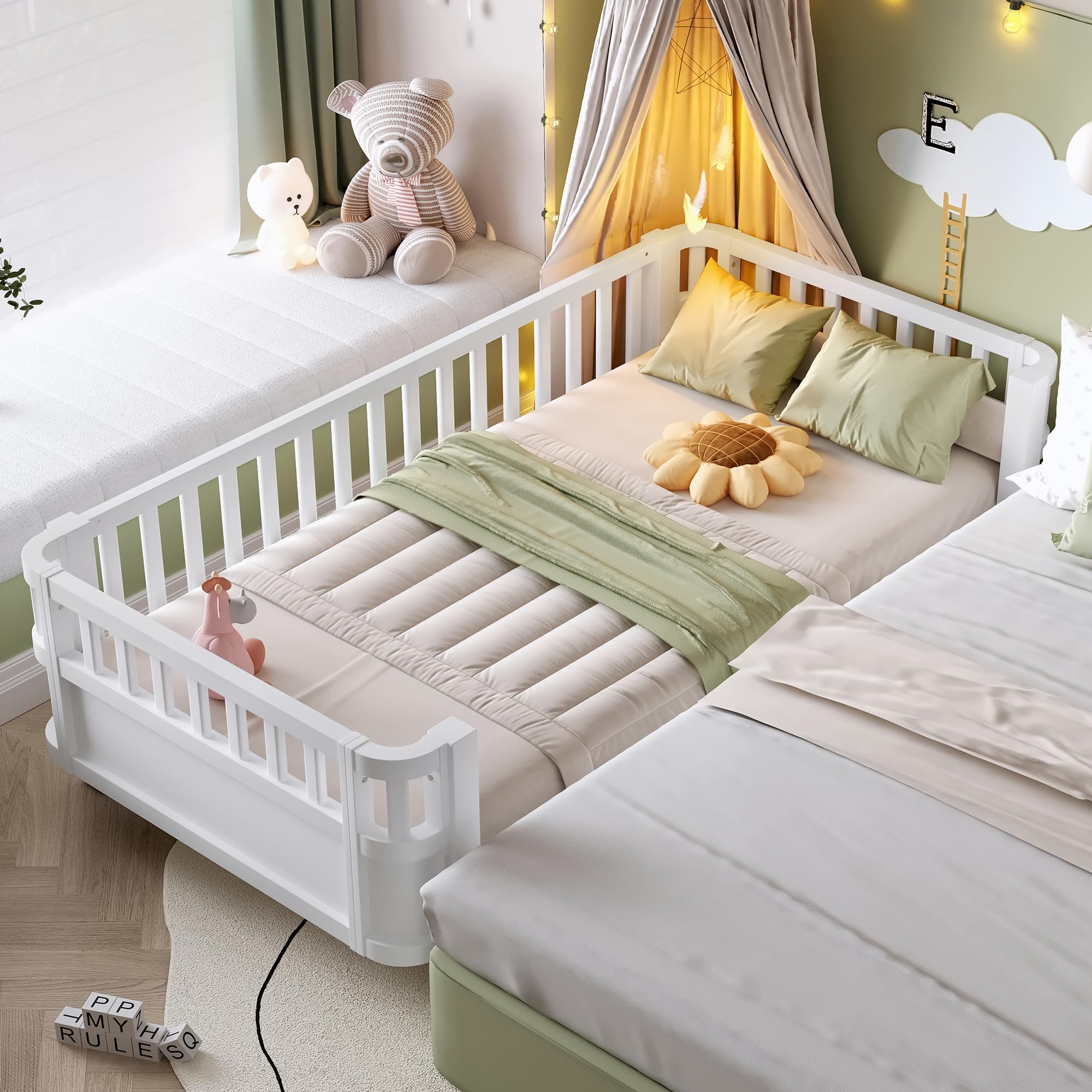 Twin Size Montessori Bed with Fence and Slats, Twin Size Low Platform Bed Frame with Detachable Side Bed Rails and Rounded Corner Design, Easy Assemble Montessori Bed White