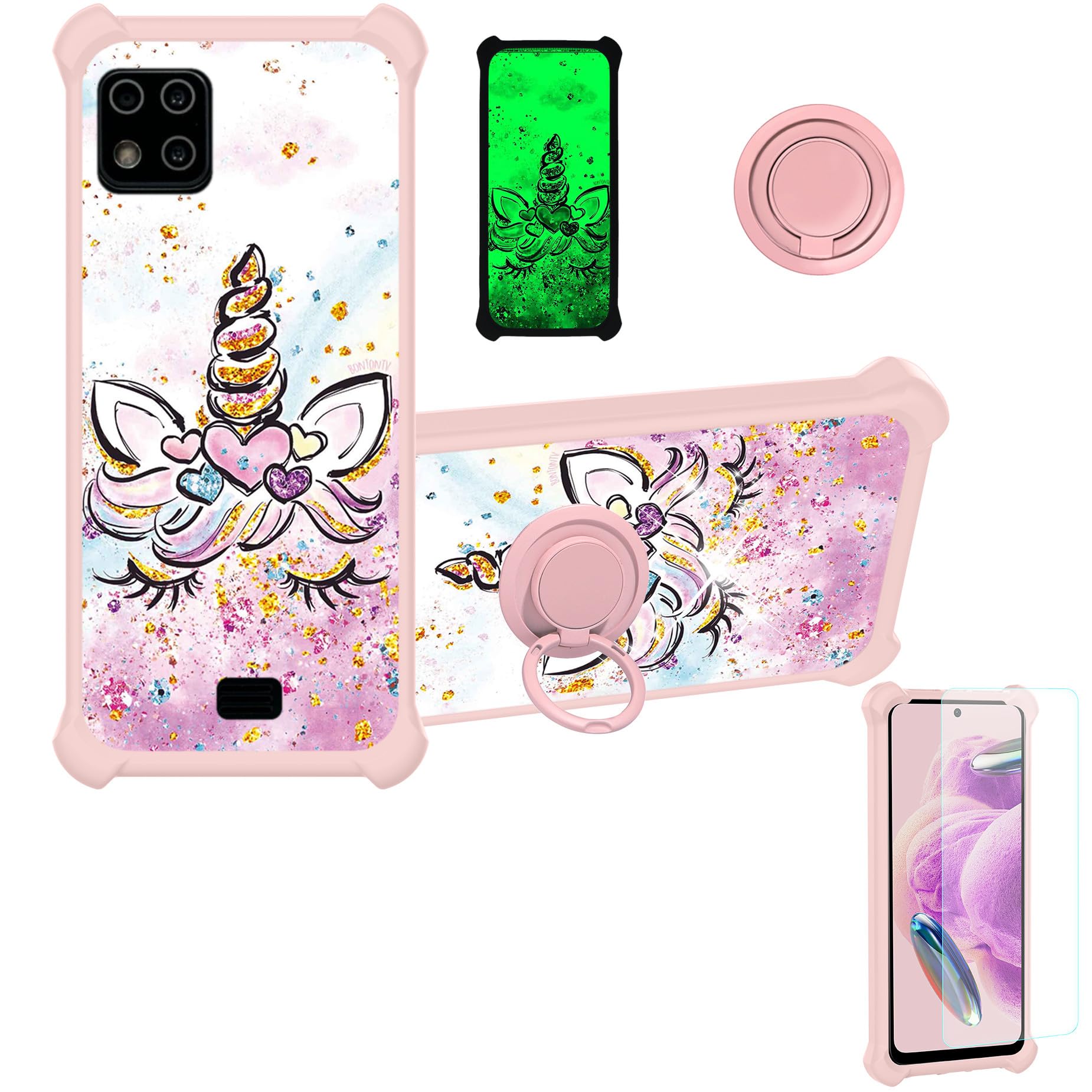 jioeuinly Case for Lush Mint L1582C Case Compatible with Lush Mint L1582C Phone Case Cover [with Tempered Glass Screen Protector][Ring Support][Gold Glitter+Luminous] JSF-JJS