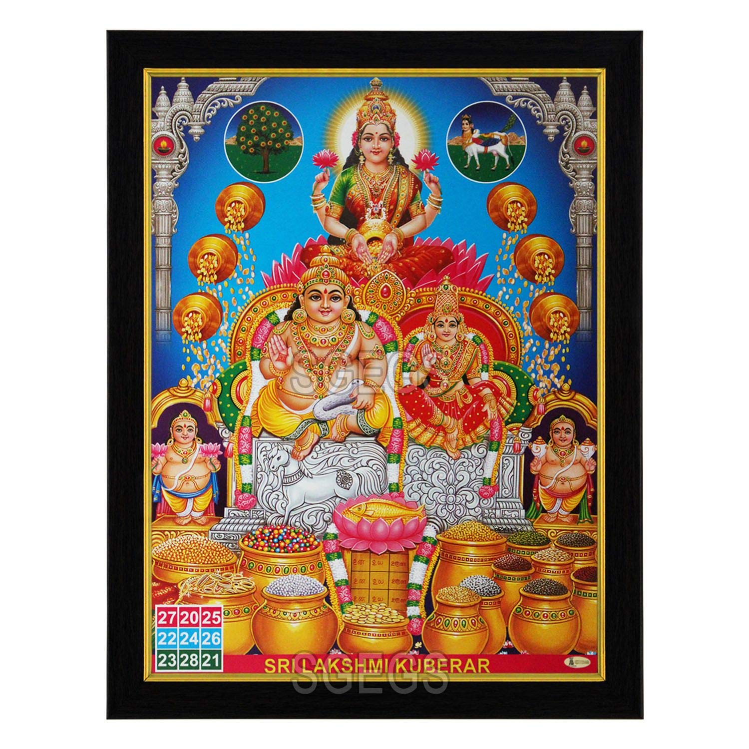 God Kubera Goddess Lakshmi HD Photo Frame Laxmi Mata Painting Diwali Pooja Wall Hanging (Wood, Poster with Frame, Multicolour, 23.5x1x31cm)