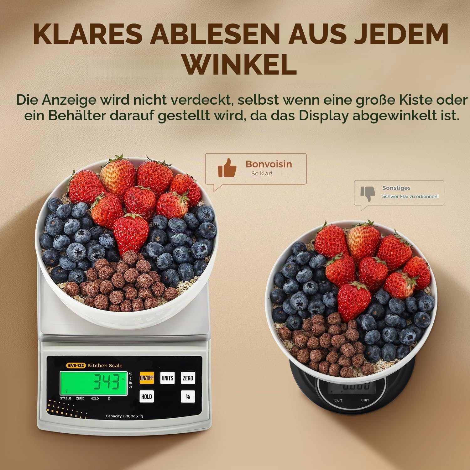 Bonvoisin 6 kg/2 g Große Digitale Küchenwaage, mit g/oz, Prozentfunktion | Hochpräzise Bäckereiwaage mit Wiegeplatte aus Rostfreiem Stahl. zum Backen, Kerzen und Seifen, inkl. Batterien