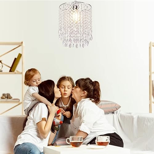 Miniatura 5 de Lámpara de araña acrílica, pantalla de cristal, lámpara de cristal para comedor, con cuentas de 9.8 in de diámetro, 2 niveles, transparente