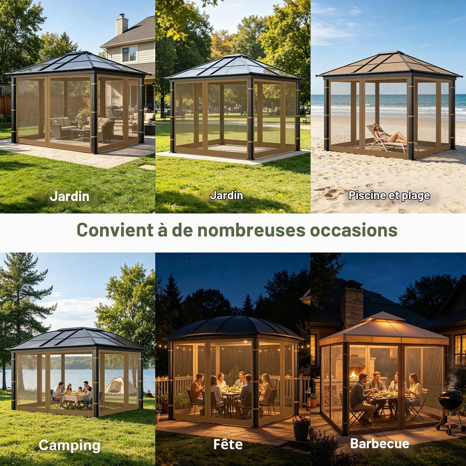 Moskitonetz für Pavillon 3x3m mit Reißverschluss – Wasserdichte 4 Seitenwände für 10x10FT für Garten, Terrasse, Camping, Kaki
