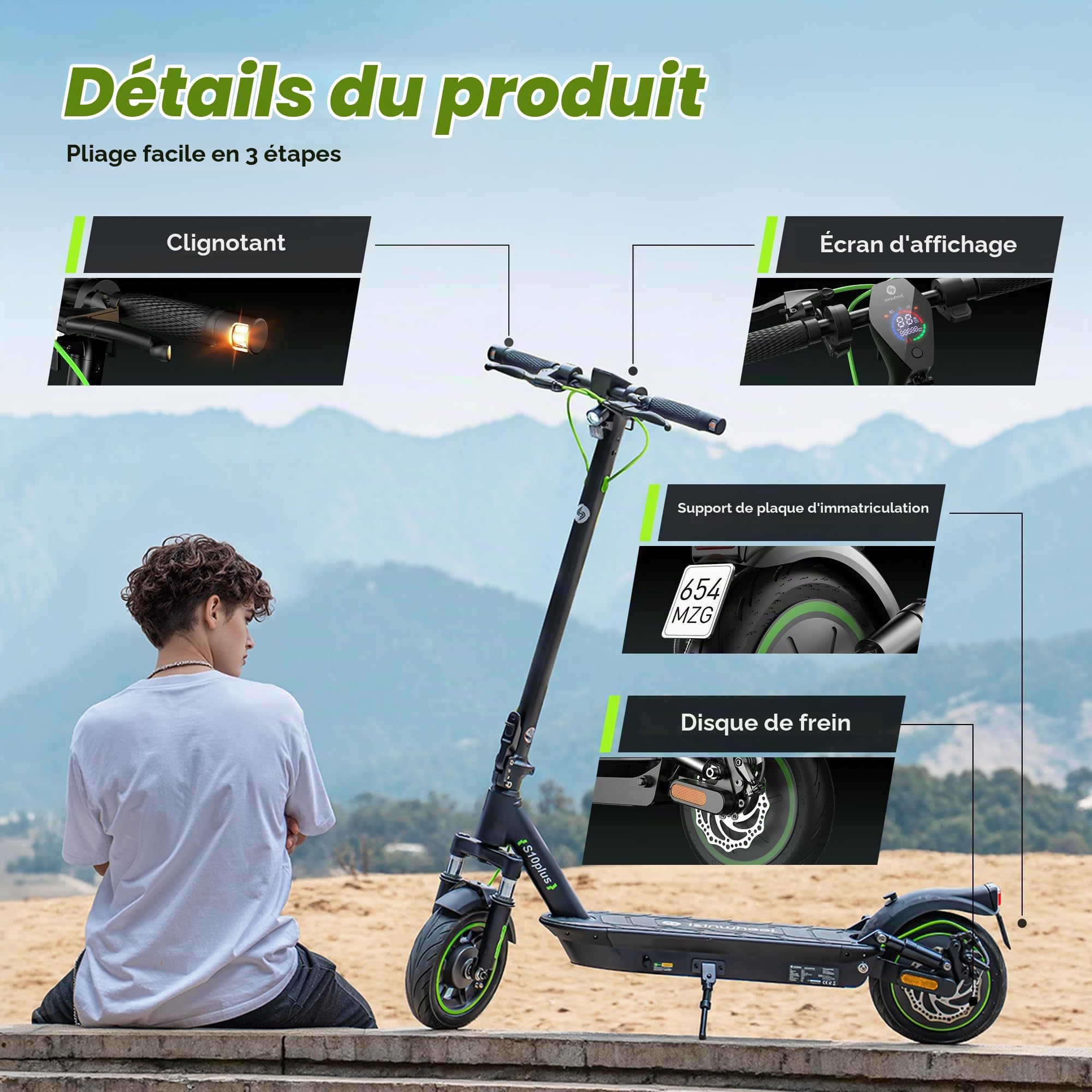 Trottinette électrique avec Homologation routière jusqu'à 60 km - Trottinette électrique avec Clignotant de 10 Pouces avec Amortissement et Application - Trottinette électrique Pliable jusqu'à 120 kg