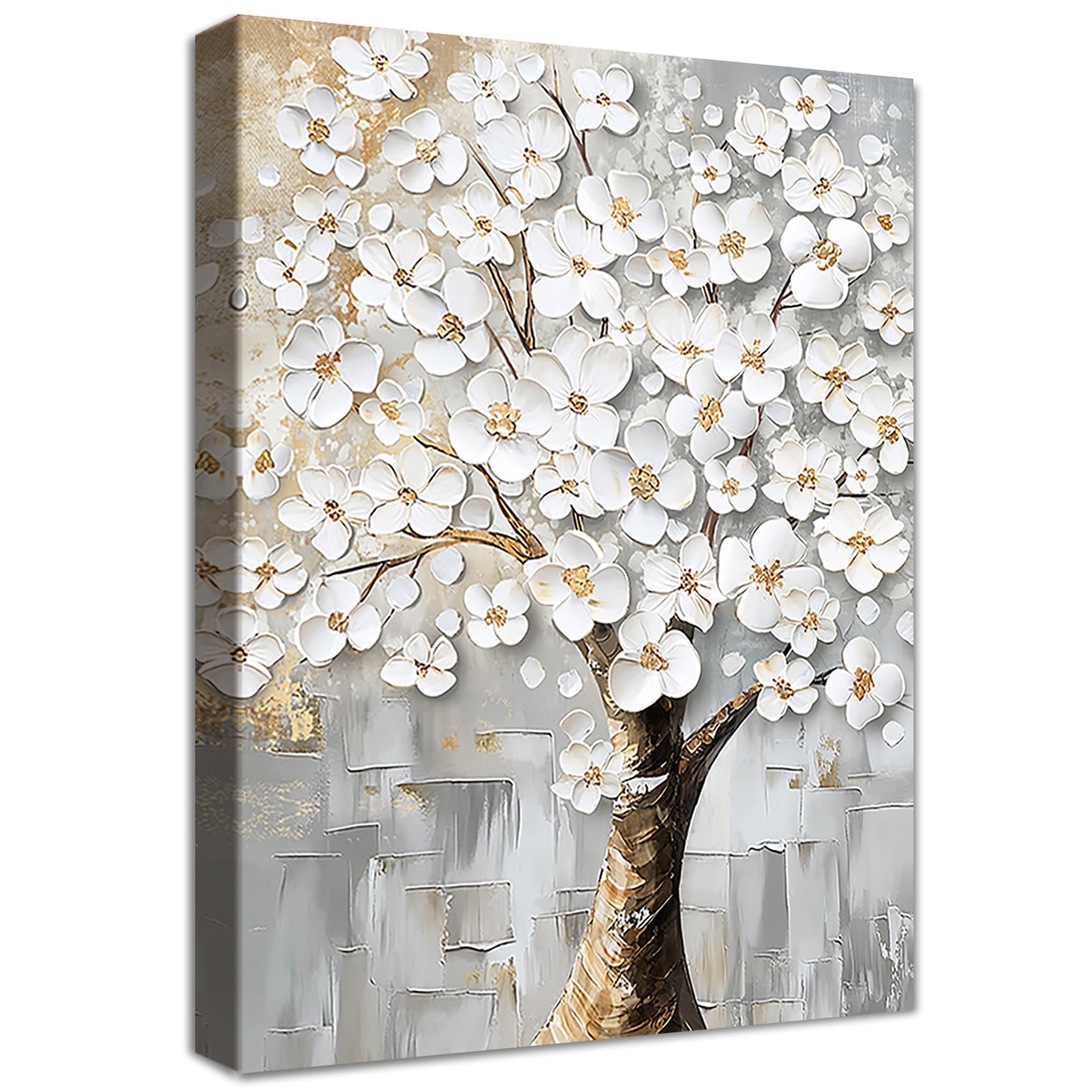 Wooden Framed Canvas Wall Art White Flowers Tree Painting on Canvas Print Poster Abstract Floral Tree of Life Pictures for Living Room Bedroom Home Office Hallway Corridor Wall Decor 40x60cm