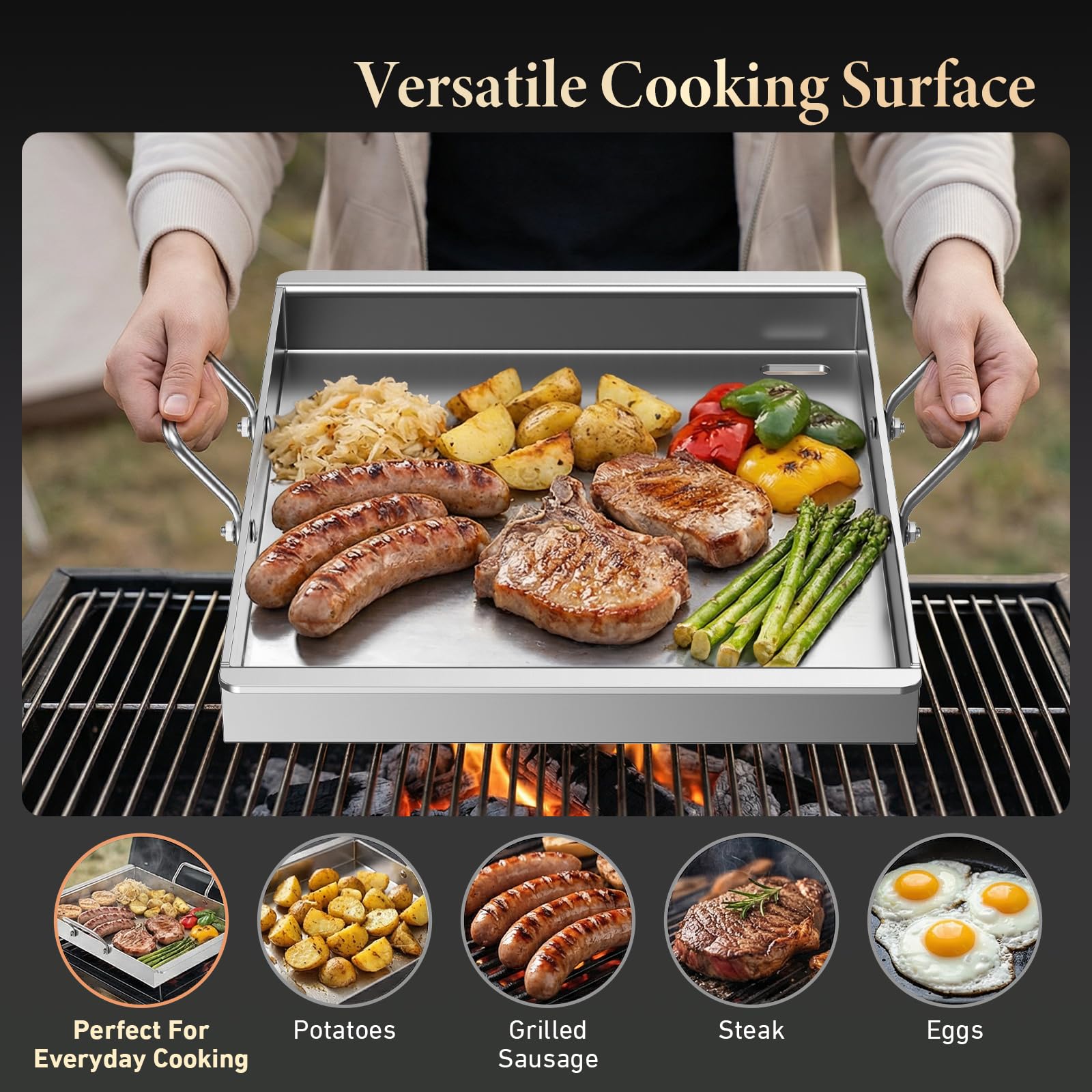 Universal Edelstahl Grillplatte 40x30 cm für Gasgrill - 4mm Massiv Plancha Set inkl. Burger Glocke, 2 Grillspachtel & Abnehmbare Griffe - BBQ Grillplatte für Weber, Enders, Kohlegrill & Backofen