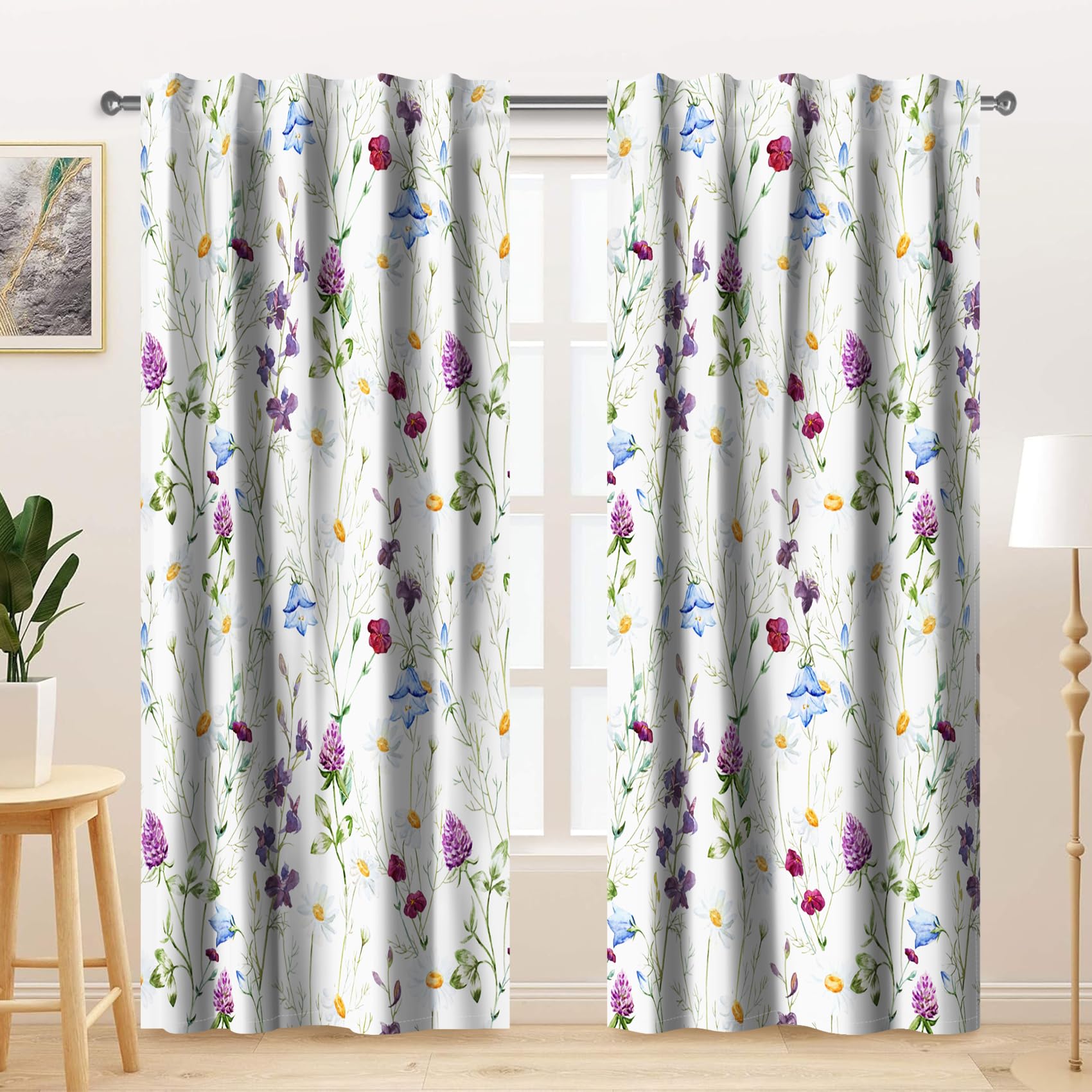 Kzzfqxb 2 Panels 117x183cm Floral Curtains, White Background Botanical Herb Purple Blue Wild Flowers Stems Daisy Weeds Window Drapes, Elegant Decor for Living Room Girls Bedroom Dining Room โ image 1