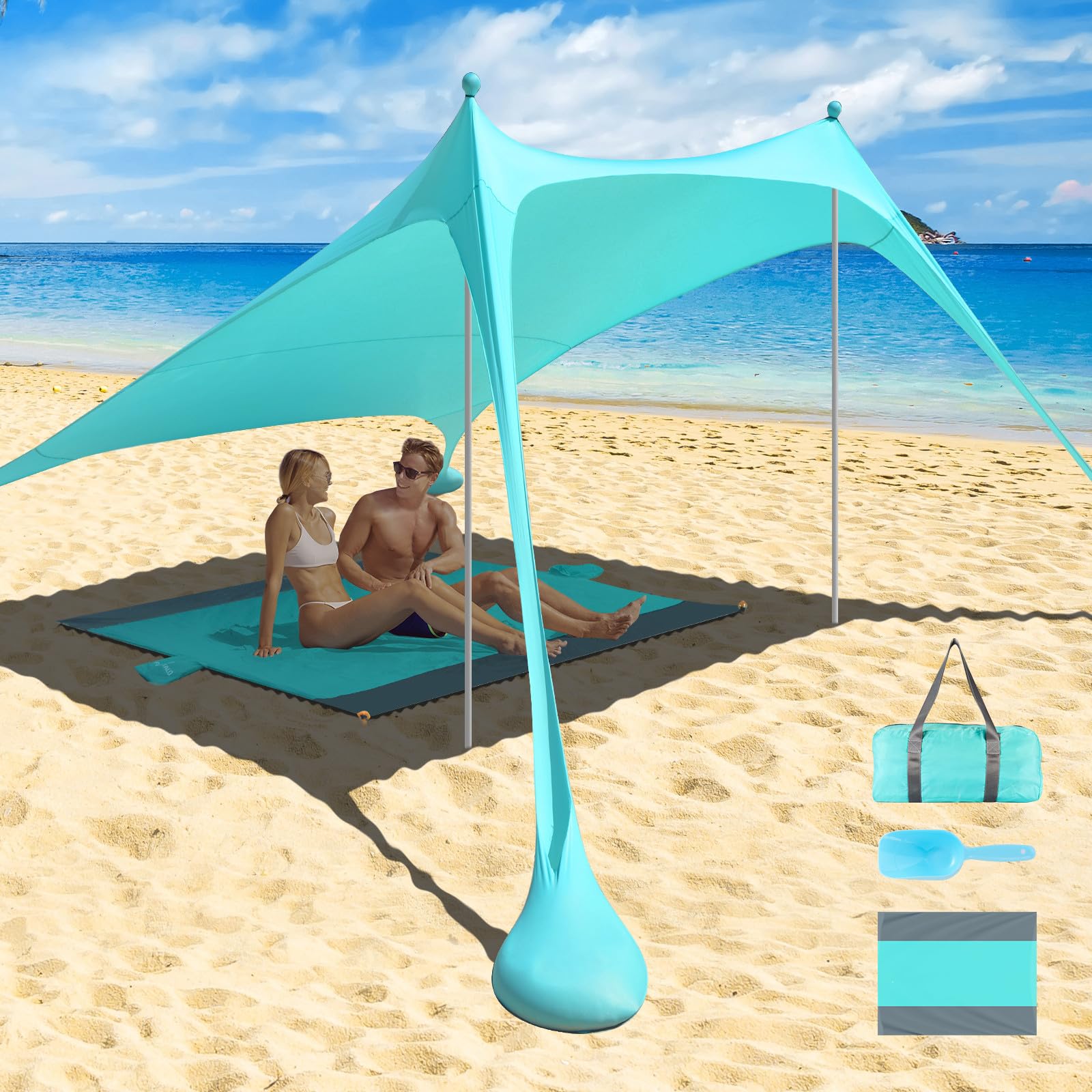 2.4x2.4M Beach Canopy Sun Shelter, Portable Canopy Sunshade, Pop Up Beach Tent Sun Shade UPF50+ with Awning Carpet Sand Shovel Carrying Bag, for Outdoor Camping, Fishing, Backyard Fun (2Poles,Blue) — image 1