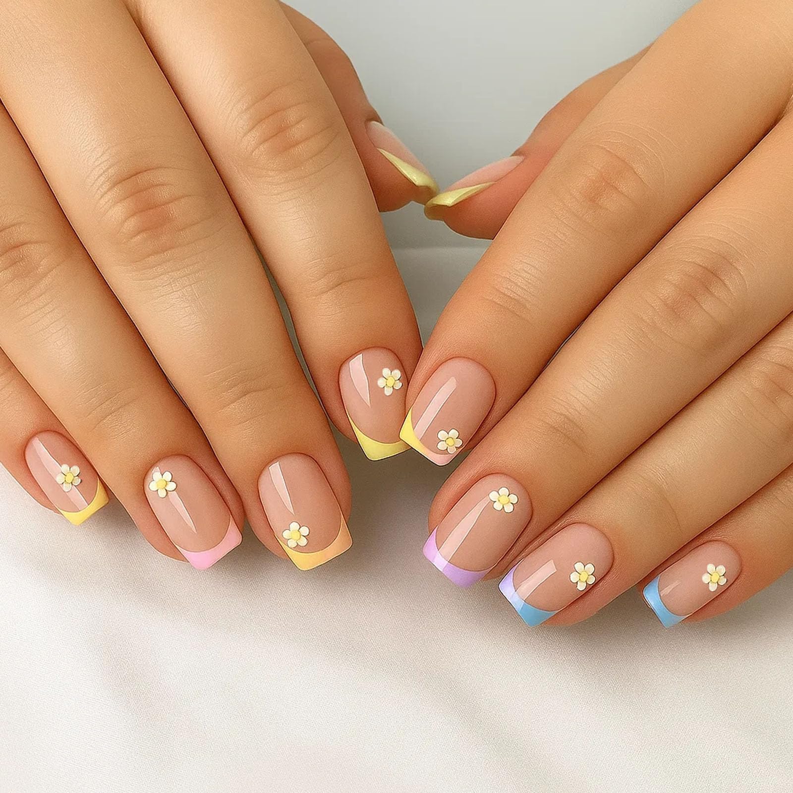 Artificial Nail Tips Short Square French Style with Pastel Lavender Yellow Blue and Daisy Design - Image 2