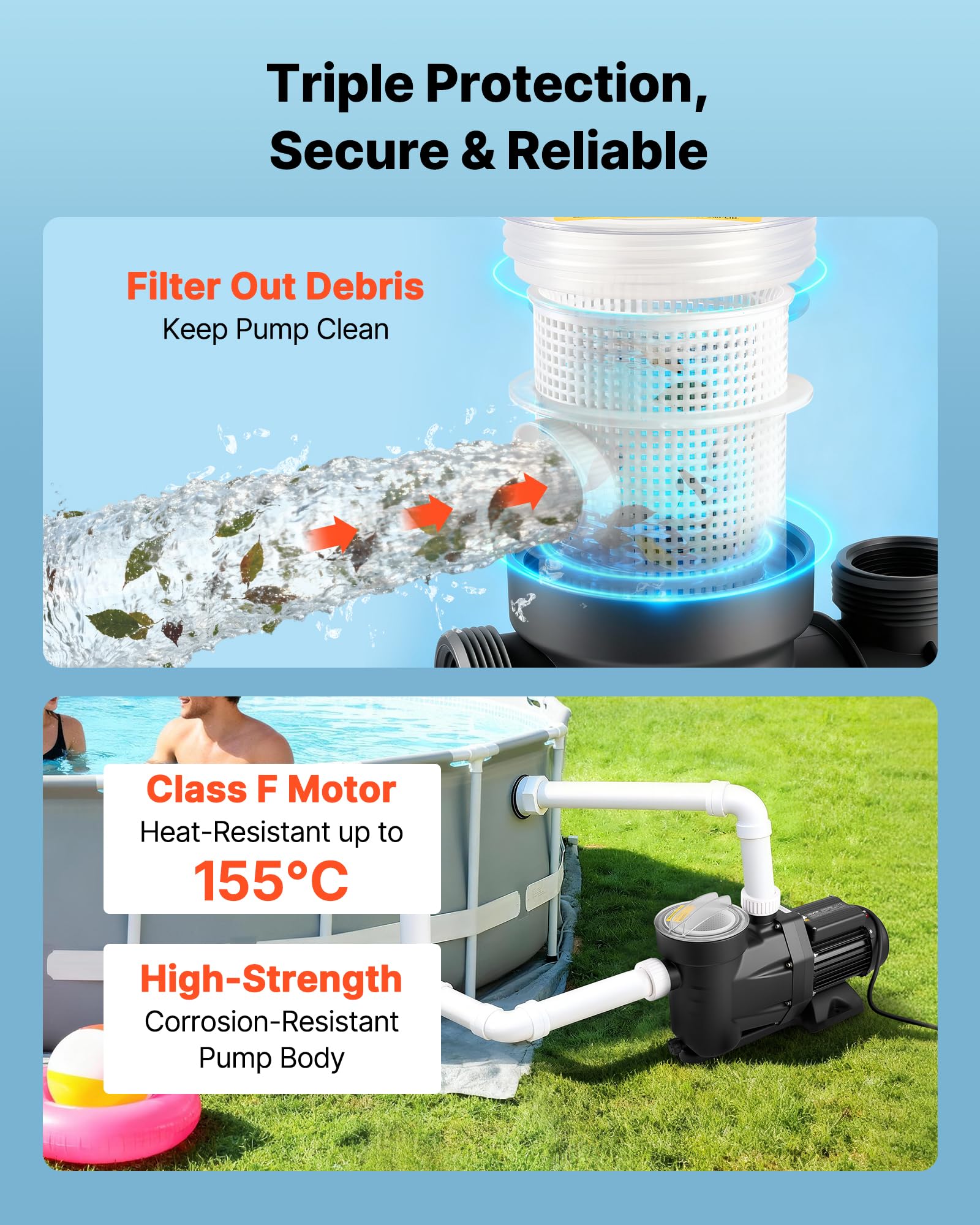 VEVOR Bomba para Piscina 1300 W Caudal Máximo de 28800 L/H Bomba de Filtración para Piscina de Una Sola Velocidad, CA 220-240 V, Altura de Elevación Máxima de 17 m, con Temporizador de 24 Horas