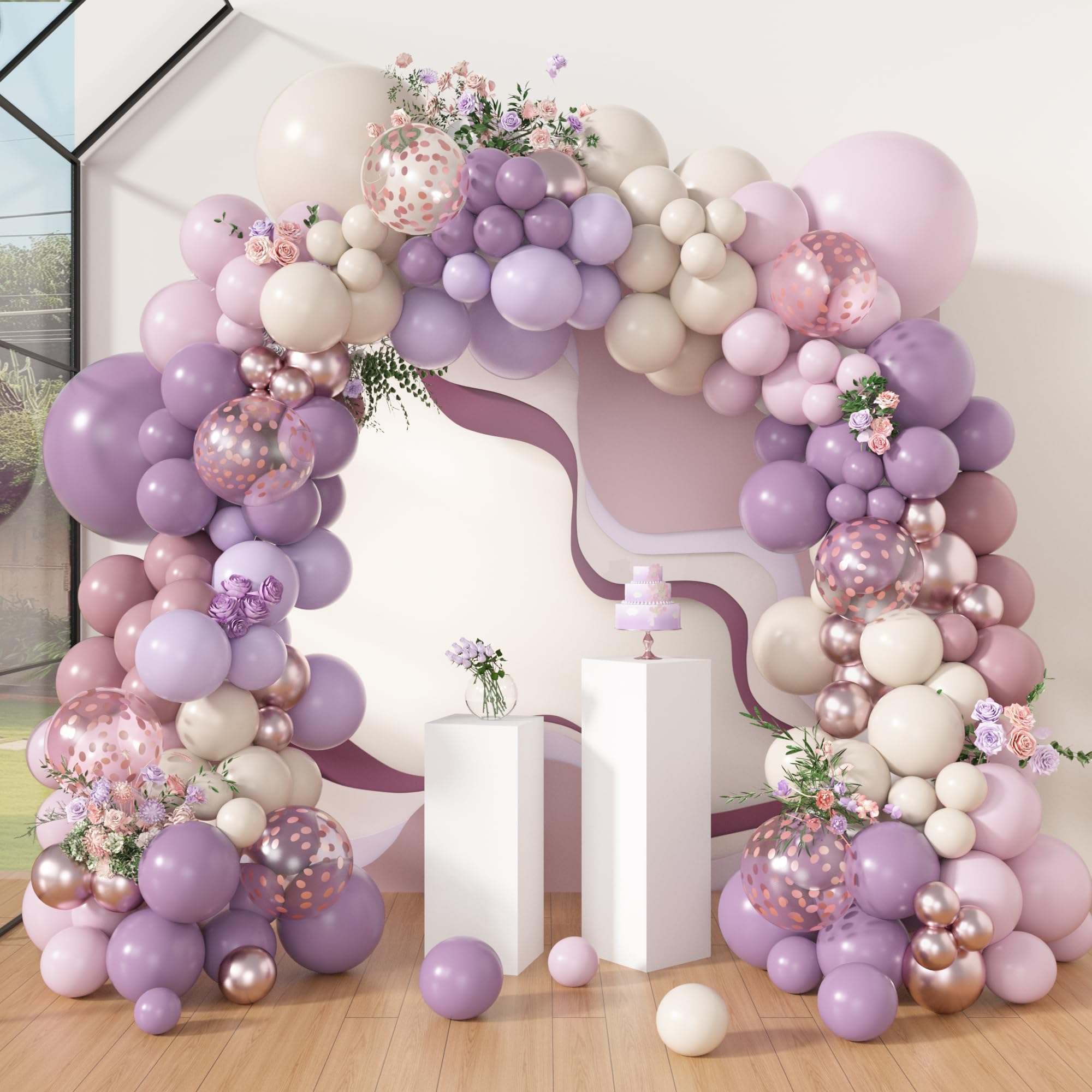 173Pcs Dusty Purple Balloon Arch Garland Kit, Double-stuffed Pink White Sand Lavender Lilac Light Purple Rose Gold Confetti Balloons for Bridal Shower Wedding Birthday Party Decorations