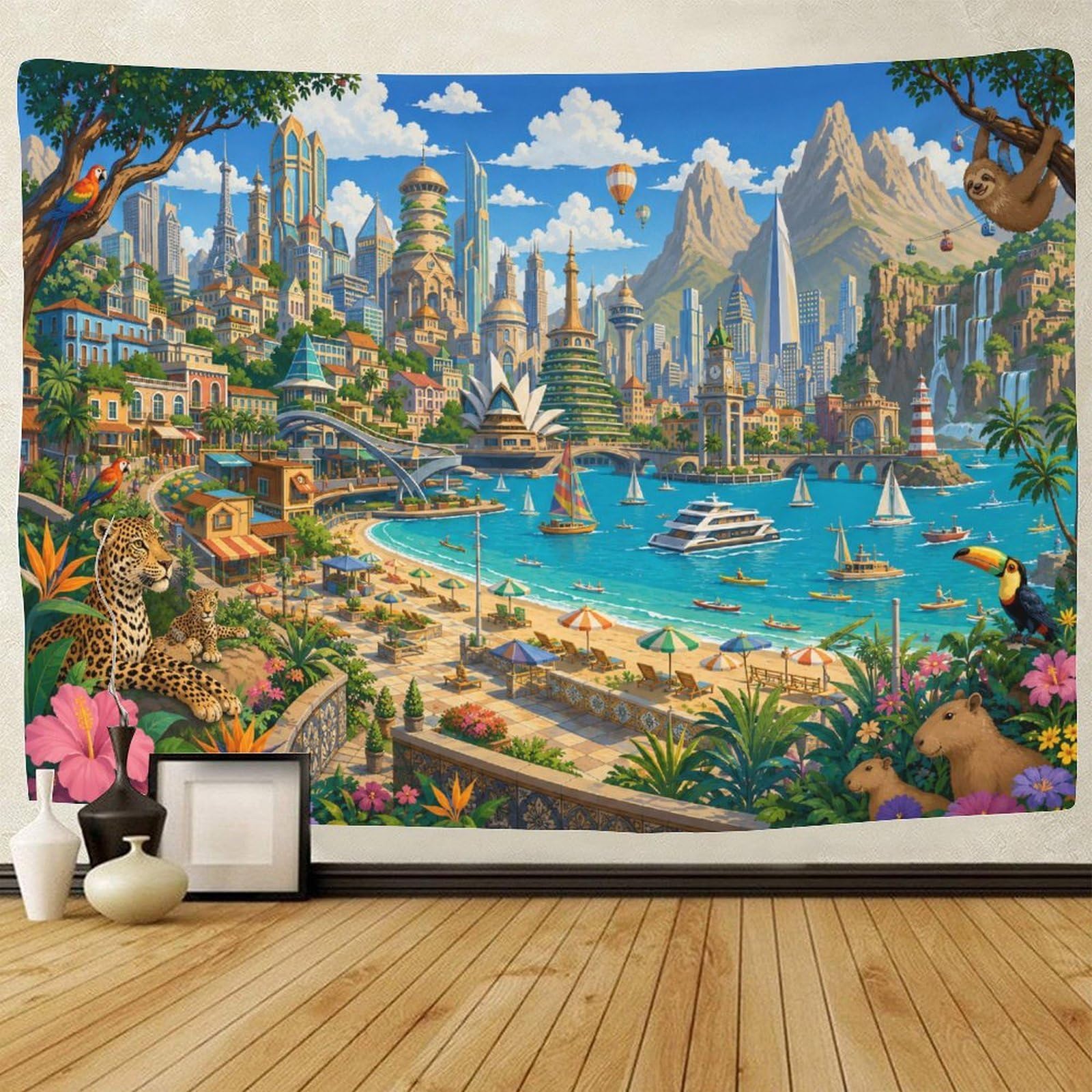 GPMNBCXZK Futuristic Fantasy City Harbor Wall Tapestry 3D Print Wall Hanging Decor Tapestries Poster Home Decoration Living Room Dorm 130cmx150cm
