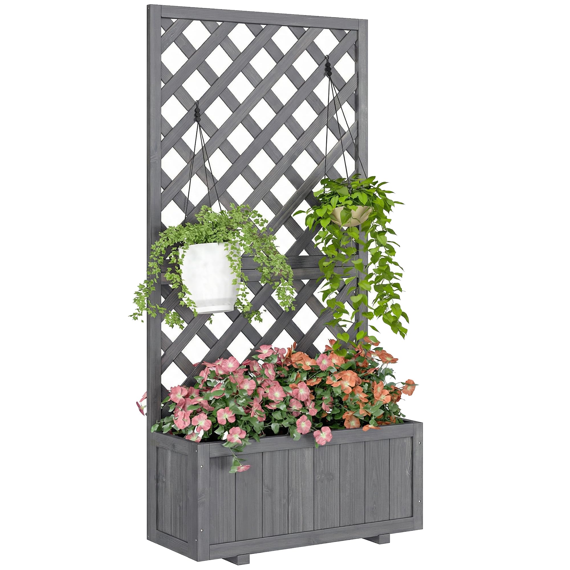 Outsunny Wooden Raised Garden Bed with Trellis - Grey - 150 x 32 x 73cm