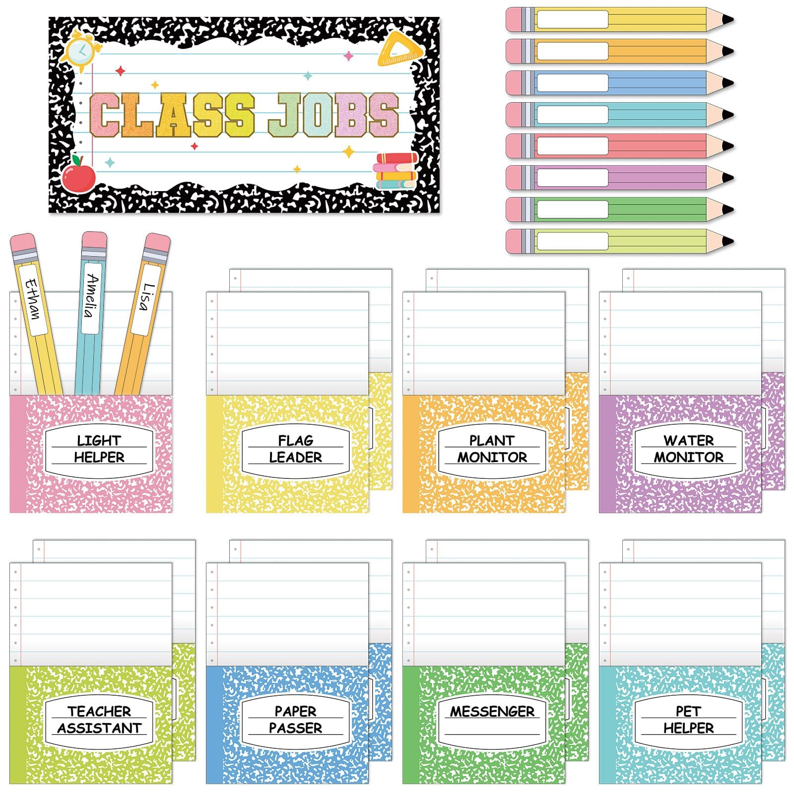 Kompositionsbuch für Klassenarbeiten, bunte Taschenpinnwand für Klassenzimmer, Lehrer-Job, bunte Bleistiftdekoration, Namensschild auf der