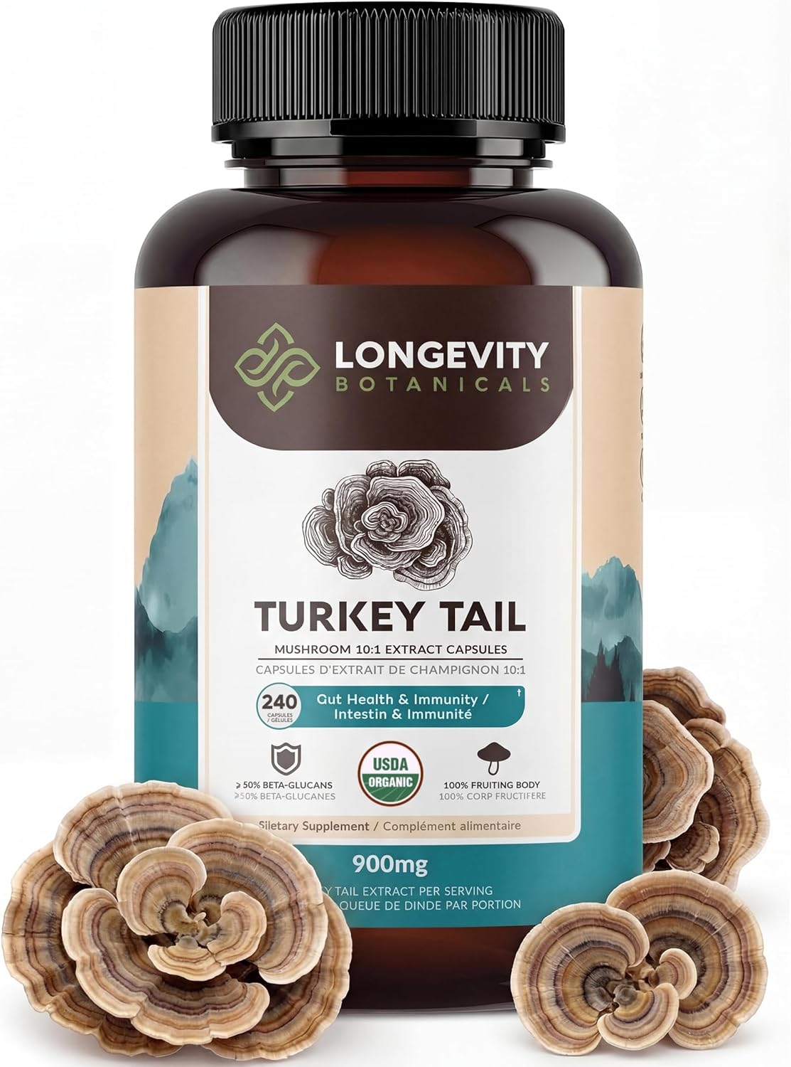 Organic Turkey Tail Mushroom Capsules Supplement Extract 240ct | Trametes Versicolor Fruiting Body | ≥50% Beta-D-Glucans | 80 Servings of 900mg | Supports Immune & Digestive Wellness