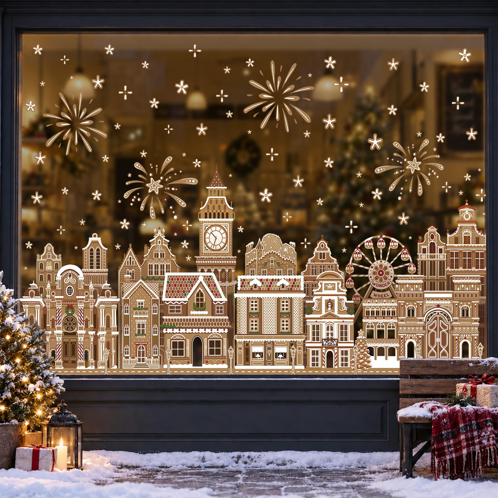 XIMISHOP 70x42cm Large Christmas Window Sticker Village House Window Clings