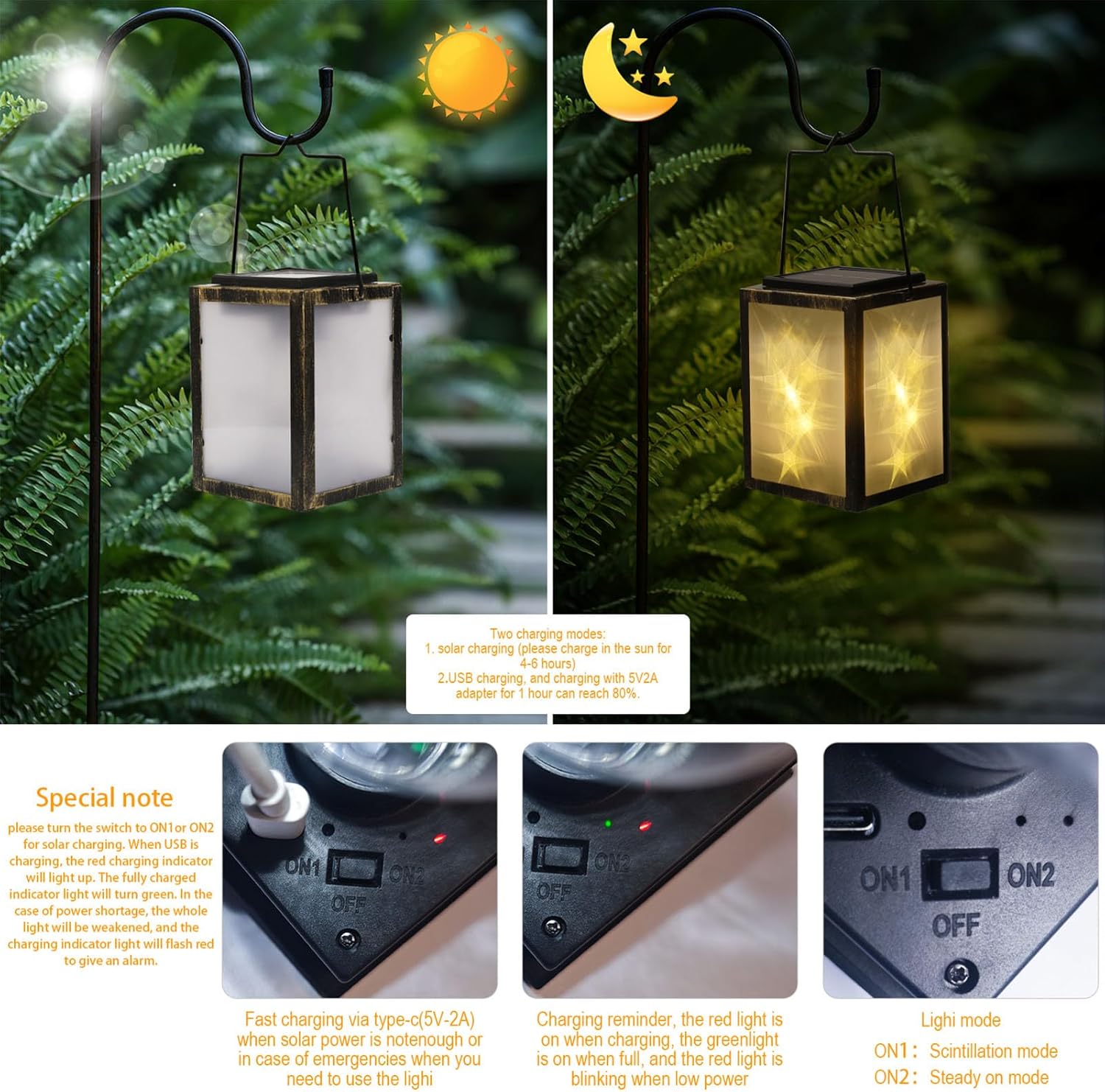 Fafeicy Lantern Weather Proof Easy Installation for Garden and Patio Set of 2 with USB Recharging Warm Light IP54