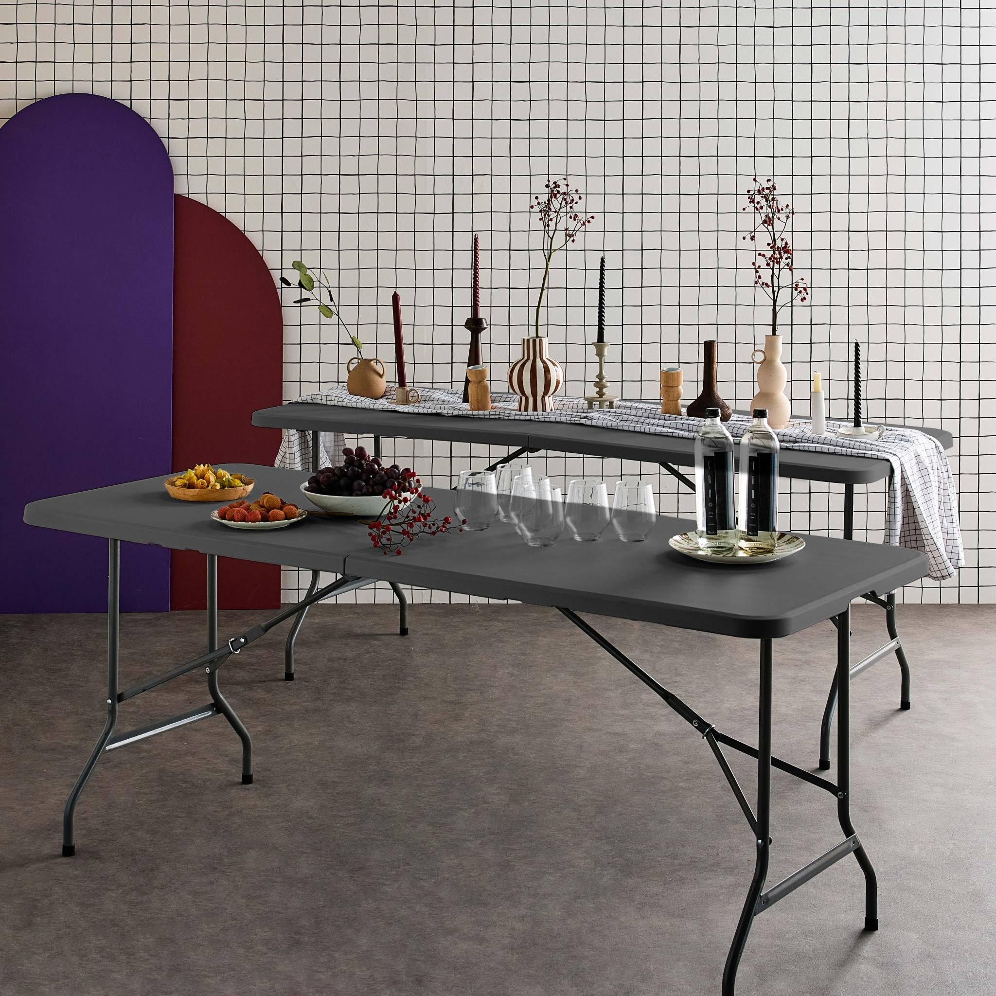 Alice's Garden - Lot de 2 Tables de réception. Pliables 180cm. Grise foncé. Table Pliante avec poignée de Transport. Table de Camping