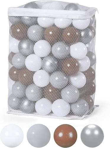 Miniatura 9 de GOGOSO 100 bolas de plástico sin ftalatos y BPA para niños pequeños y niños, accesorios para la casa de juegos, café, gris perla, gris y blanco