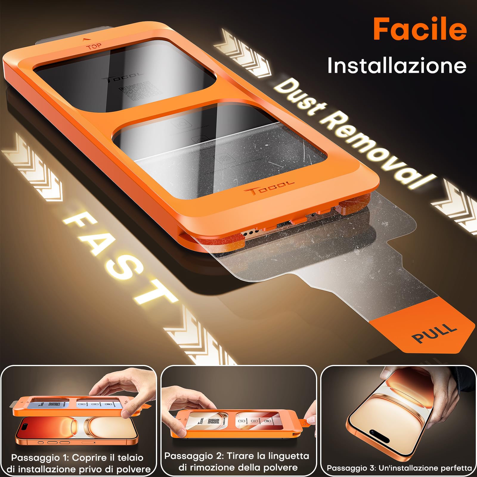 TOCOL Pellicola Vetro Temperato per iPhone 17 Pro/iPhone 16 Pro, Rimozione Automatica Della Polvere, Senza Bolle, Durezza 9H, Copertura Completa, Compatibile con Custodie, 2 Pezzi
