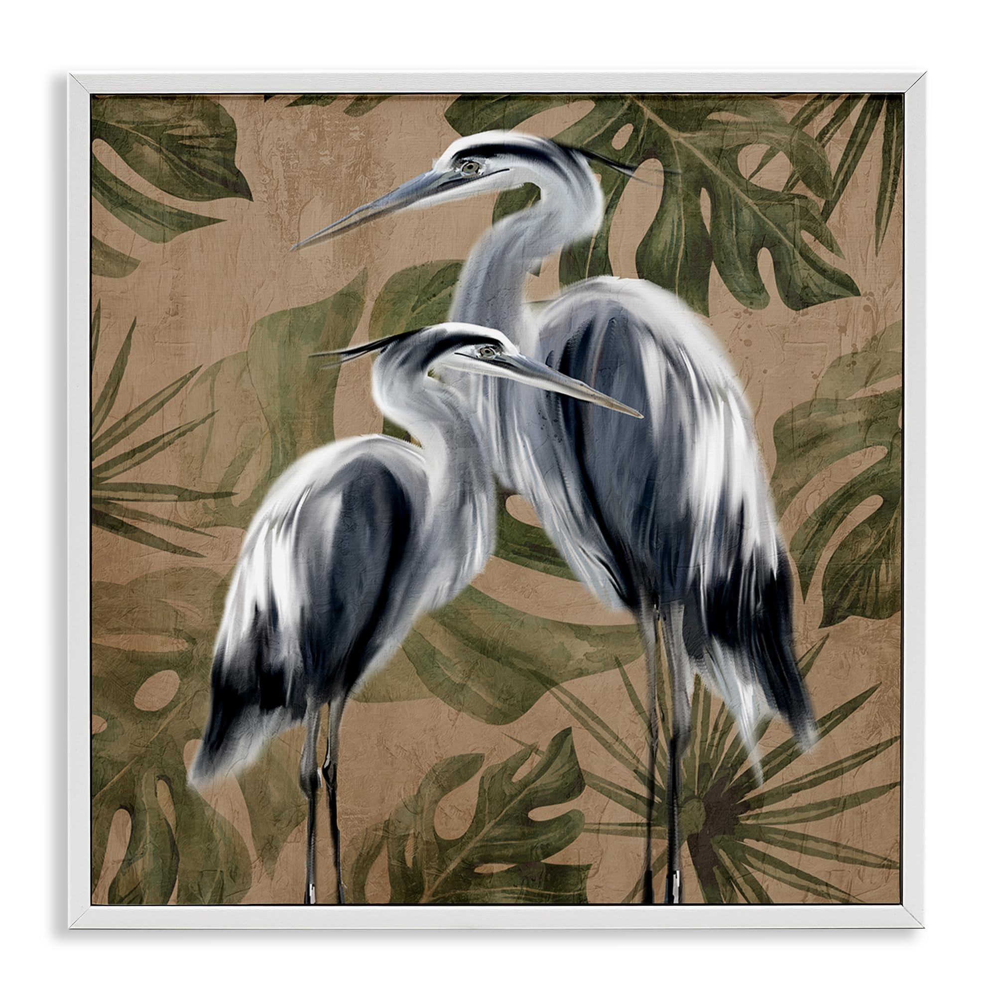 Stupell Industries 'Two Herons over Tropical Leaves', Framed Giclee Art, White, 24 x 24 Inches, Easy to Hang and Sturdy, Made in USA, by Kim Allen