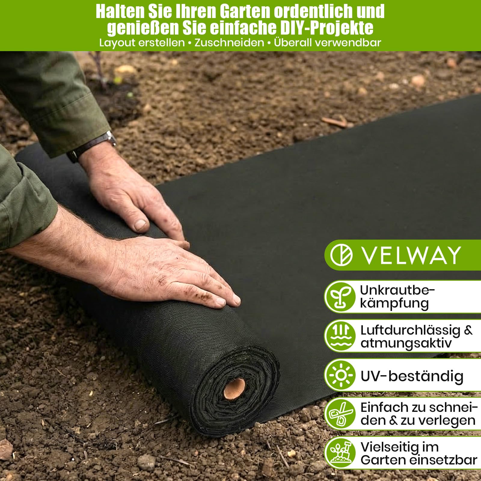 Velway Unkrautvlies 50g/m² 1x50m Rolle - Wasserdurchlässig & UV-Stabil Gartenvlies Reißfestes Unkrautfolie Gegen Unkraut Mulchvlies für Garten Hochbeet Gemüsegarten Landschaftsgestaltung