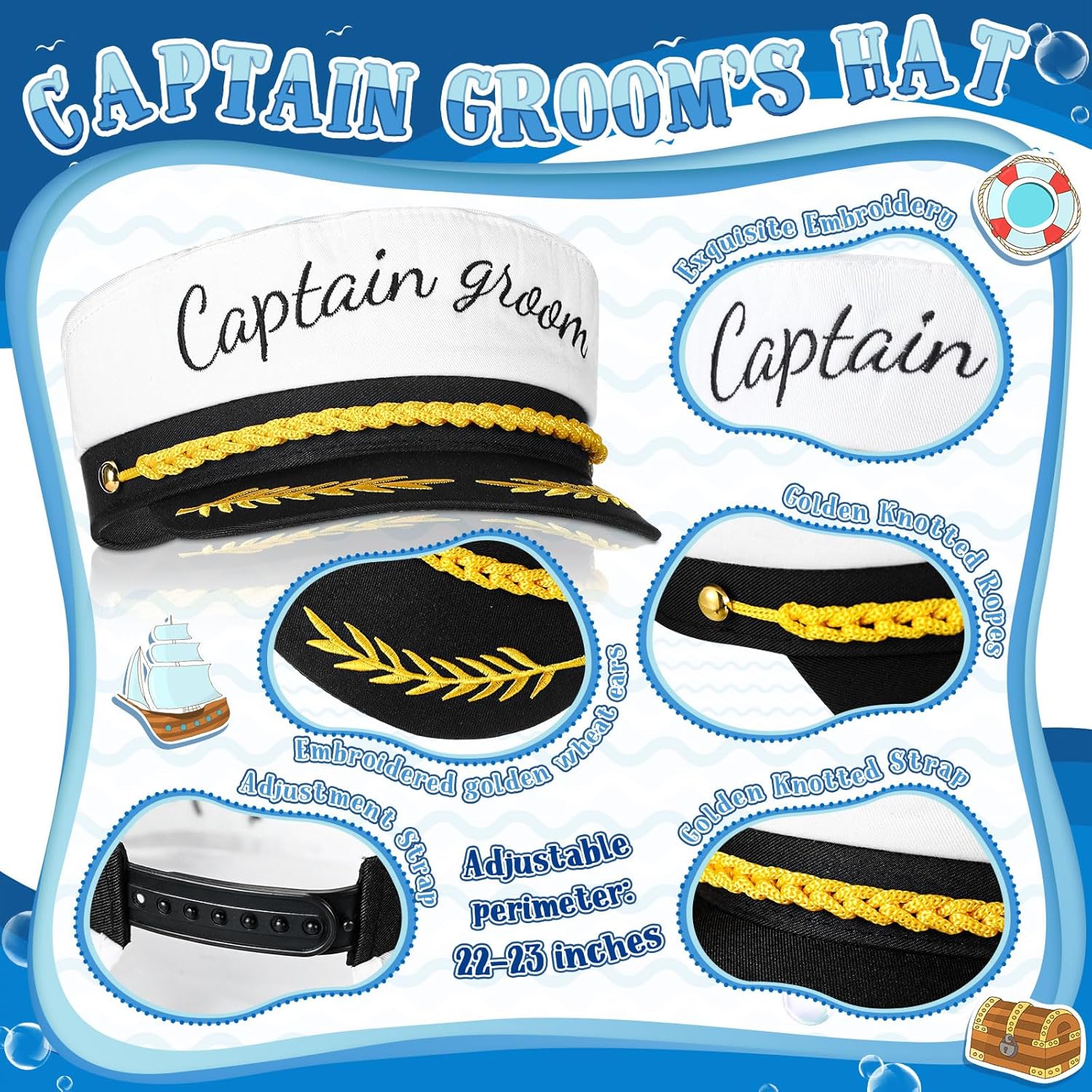 JaGely 3 Pcs Captain Bachelor Party Accessories for Groom Set Include Groom Hat Sunglasses Sash for Bridal Shower - Image 4