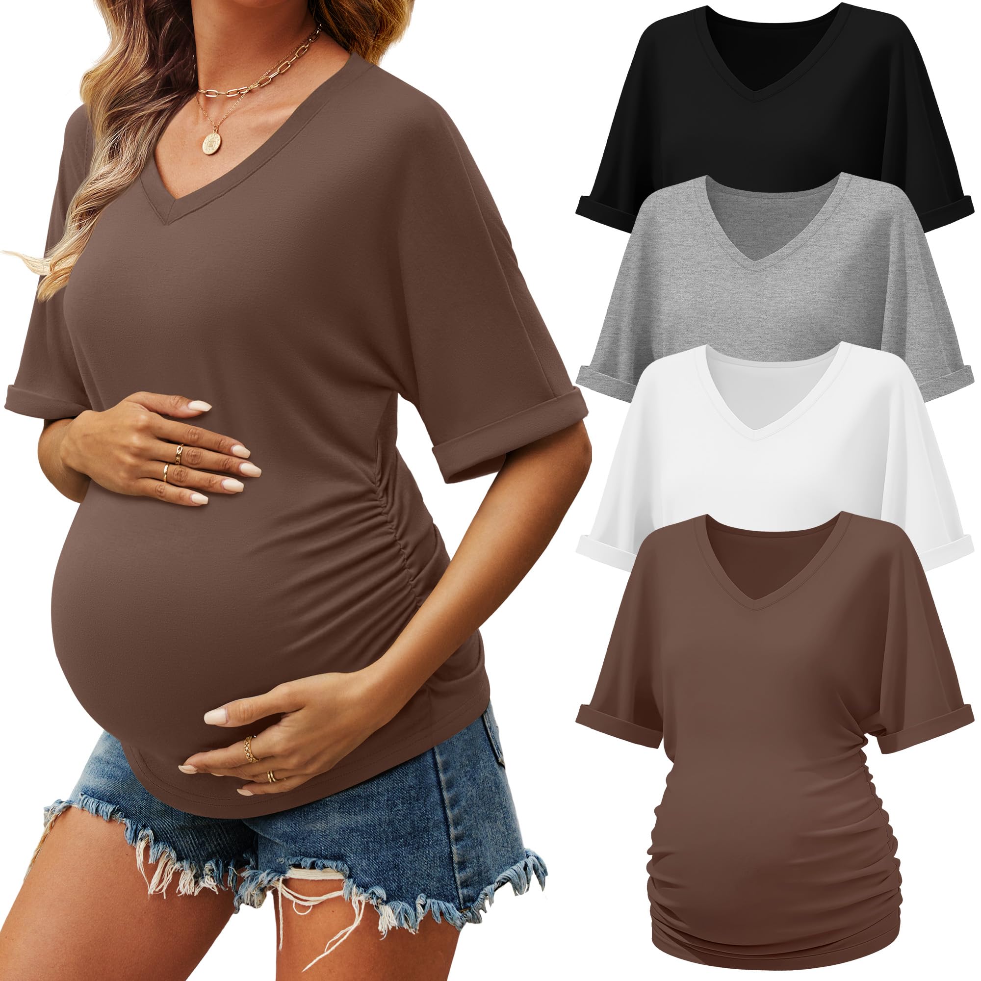 4 Pack Womens Maternity Shirts V Neck Half Sleeve Tunic Blouse Side Ruched Tee Tops Pregnancy Mama Clothes