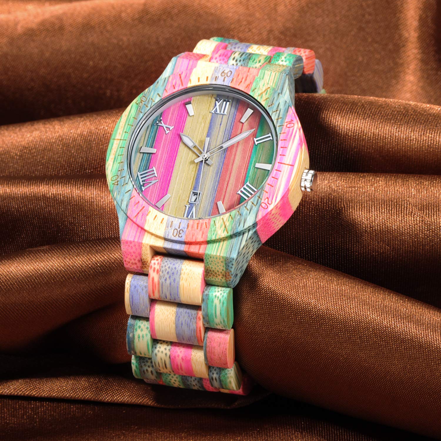 Unendlich U Mężczyźni Kobiety Kolor Bambusowe Drewno Zegarki Para Zegarki Minimalistyczny Moda Kwarcowy Zegarek Rainbow Band, Multi-Male, Bransoletka