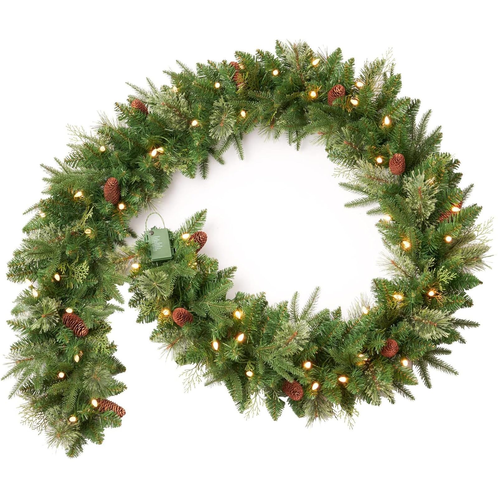 CAKEEYUM Christmas Garland with Lights 9ft Prelit Christmas Garland with Pine Cones for Fireplace Mantel Indoor Stairway Windows Not Include Battery Pre-lit, with