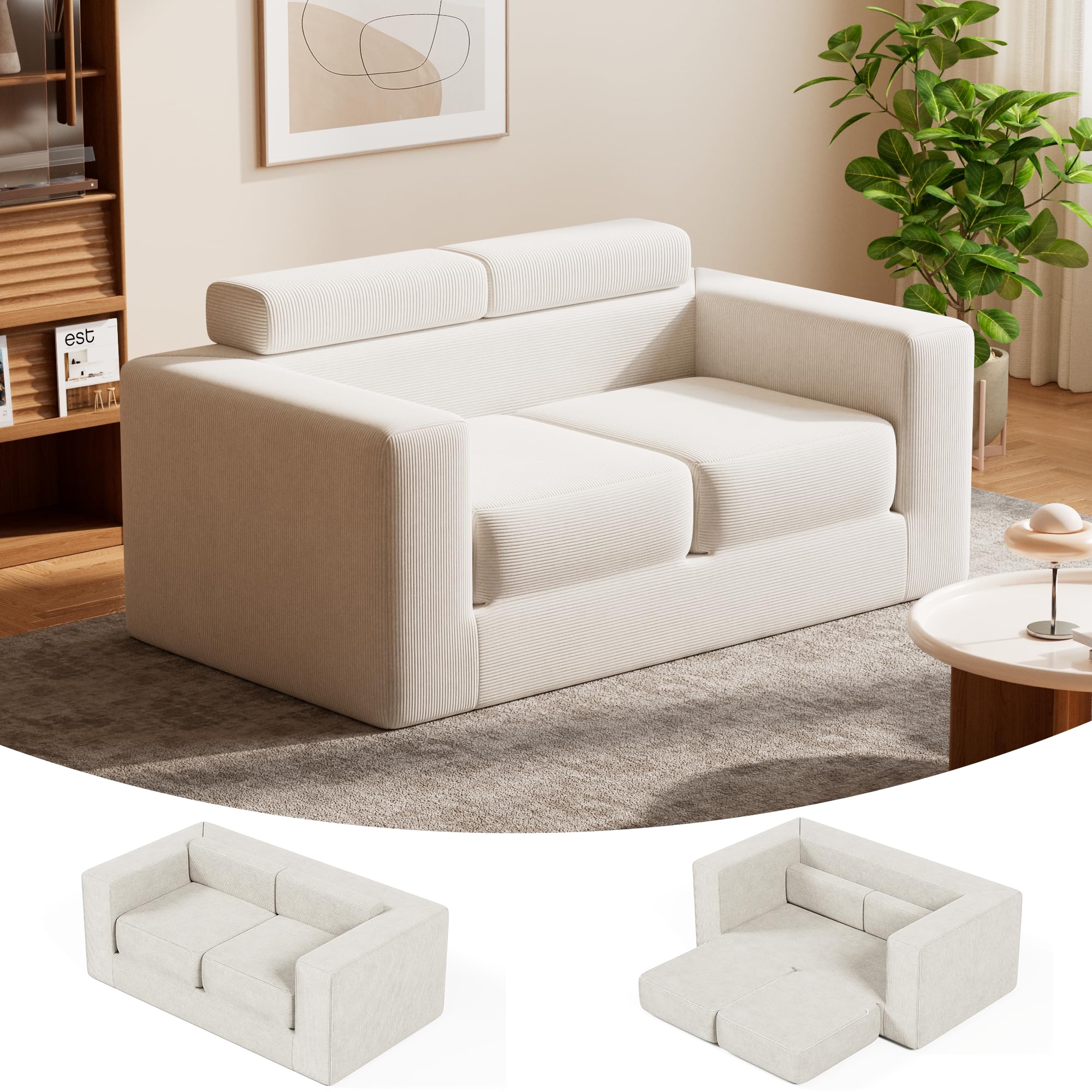 Canapé Convertible 2 Places avec Mousse Haute Densité, Canapé Lit Multifonctionnel avec 2 Coussins, sans Assemblage, Silencieux pour Salon & Chambre d'Invités
