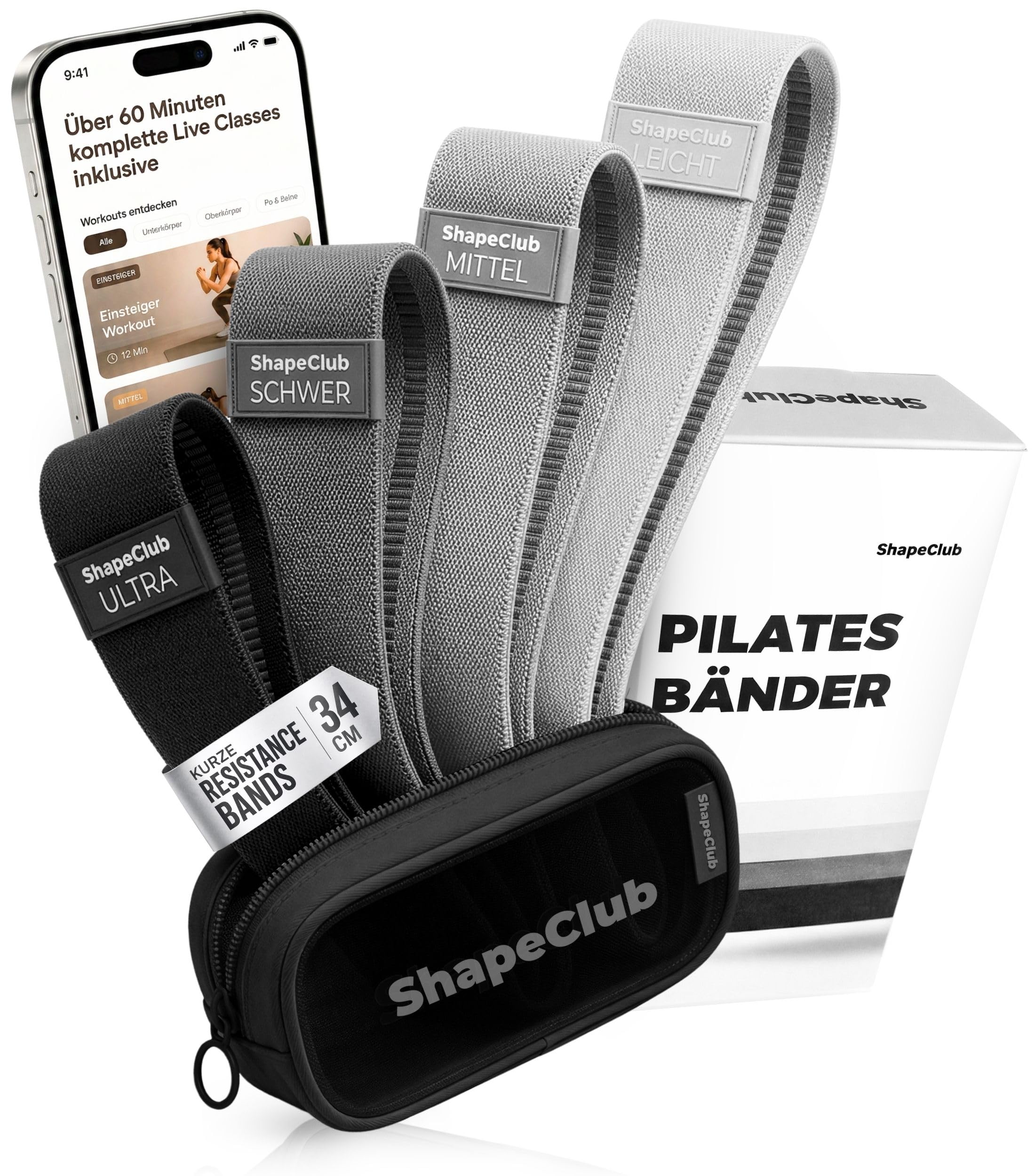 Set di 4 fasce di resistenza per pilates, in tessuto, 34 cm, con video di esercizi
