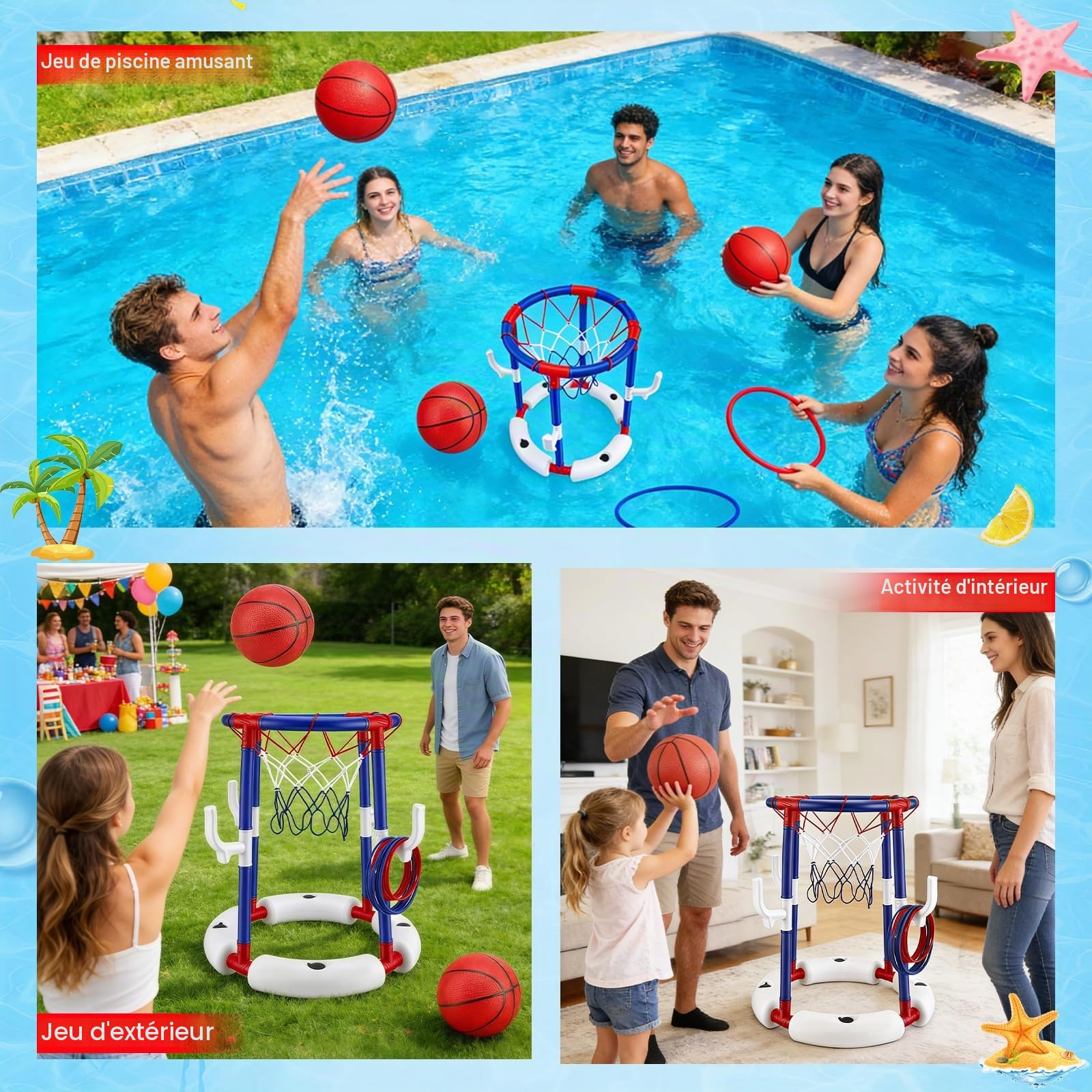 Jeu de Basket de Piscine 2 en 1, Panier de Basket Flottant avec 4 Grands Ballons & 12 Anneaux INCL. Pompe, Sport Nautique Gonflable pour Enfants Adultes Famille Amusement dans l'eau