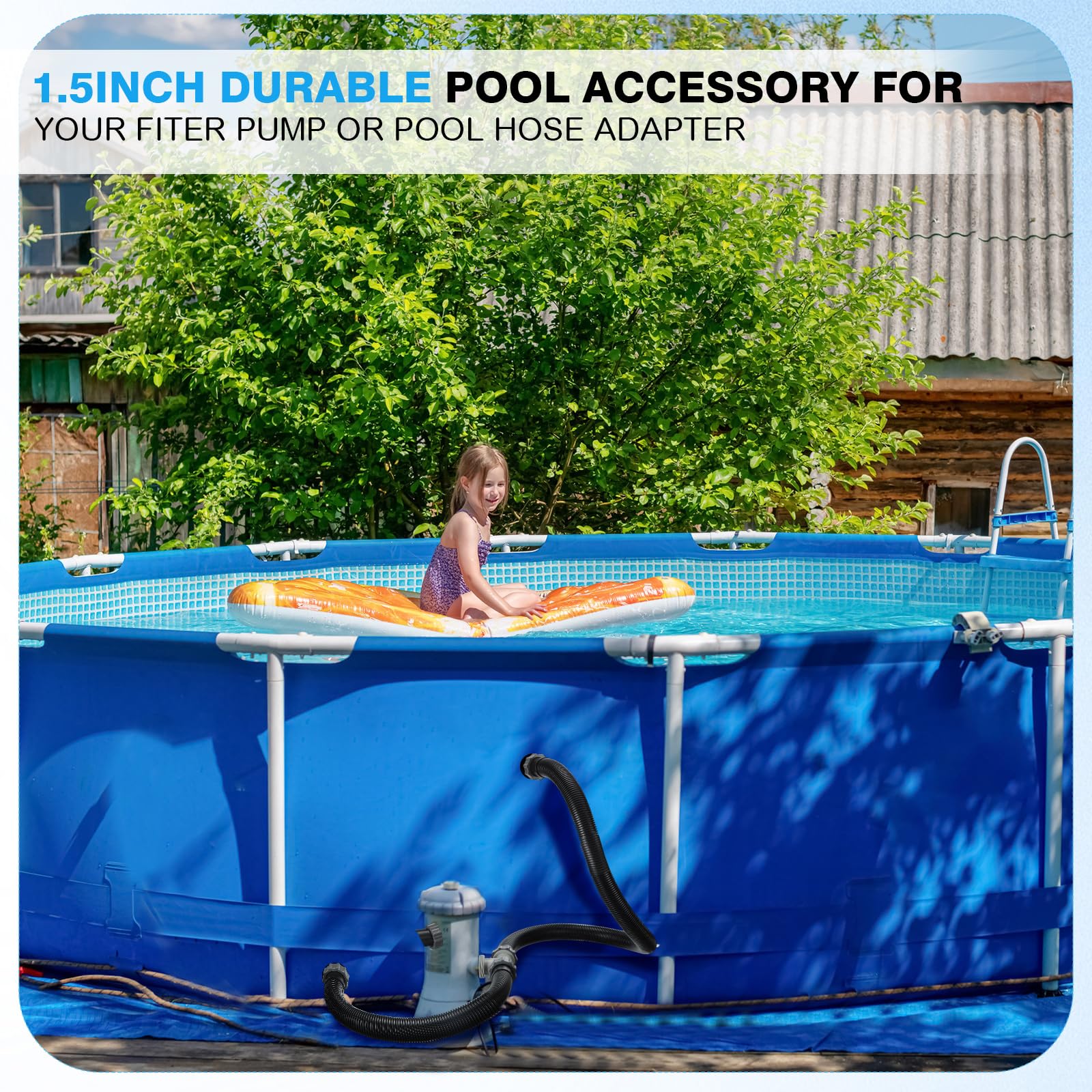 Frienda 3,8 cm bis 3,8 cm T-Gelenk-Poolschlauchverbinder mit 3 Stück Pumpen-Ersatzschlauch mit 3,8 cm Durchmesser, 150 cm lang, Poolschlauch-Adapter und Ersatzzubehör für Filterpumpe (schwarz)