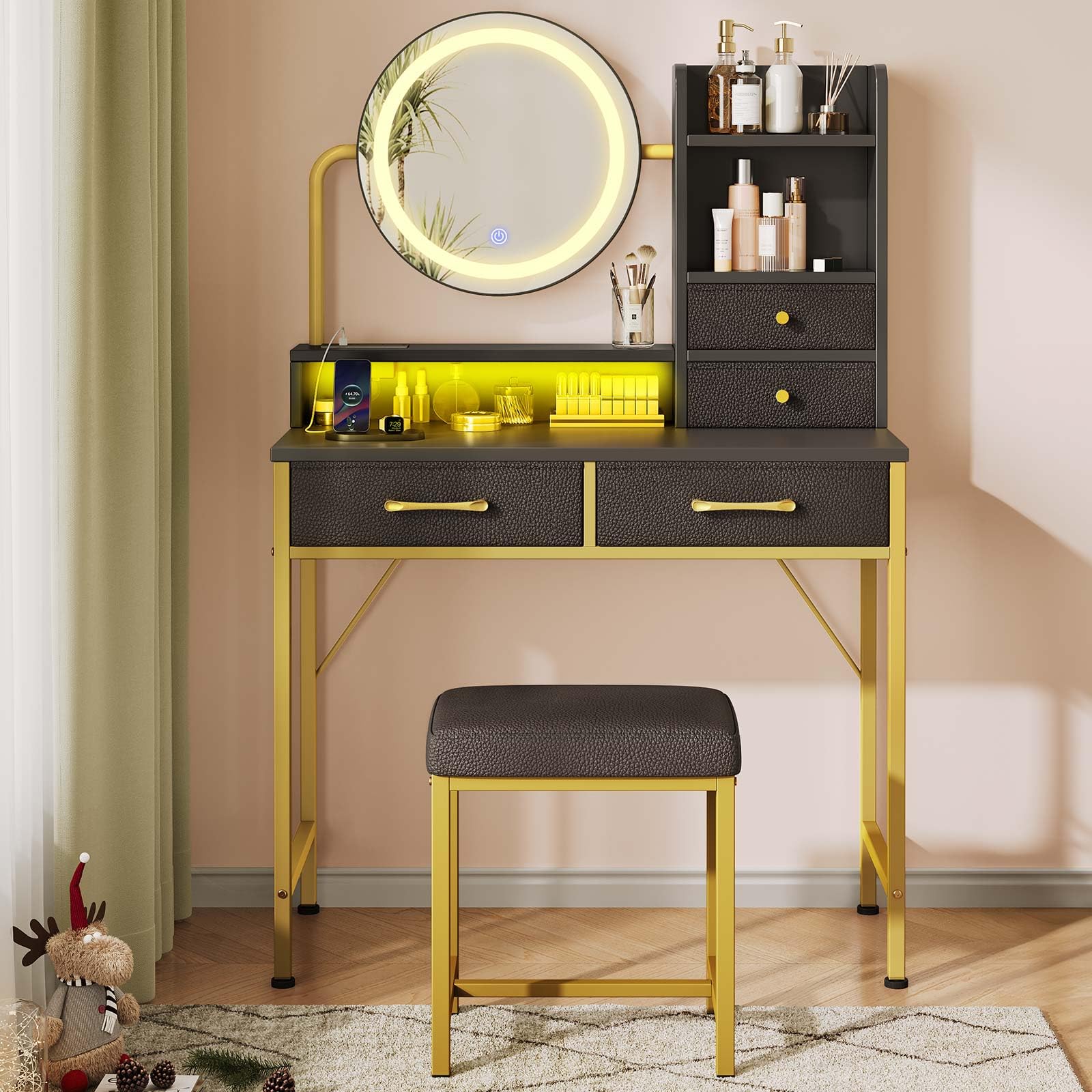Seventable Vanity Desk with Lighted Mirror & LED Lights, Makeup Table with Power Outlet & 4 Storage Drawers, Includes Makeup Stool for Bedroom, Black & Gold